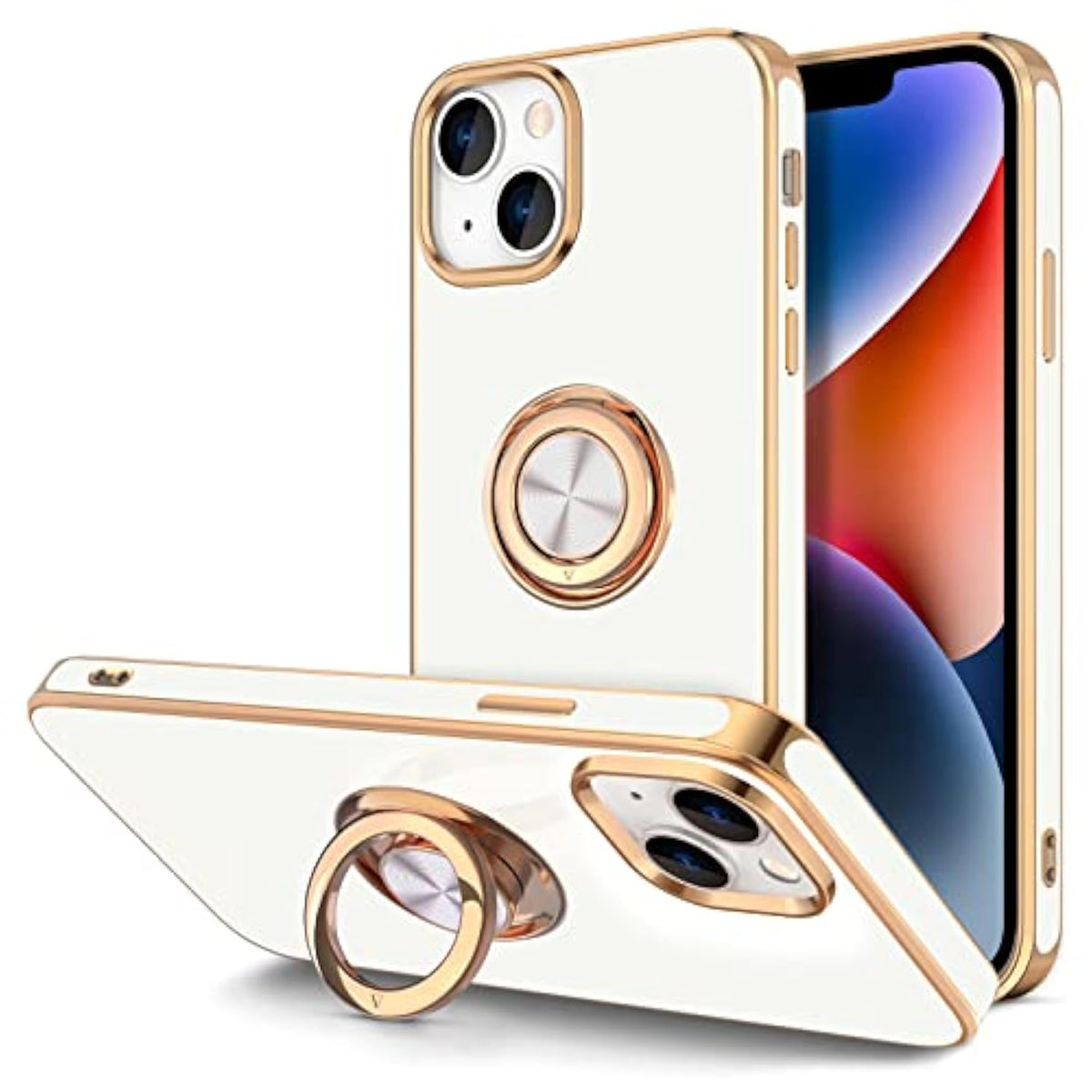 For Iphone 14 Case With Ring Stand [360° Rotatable Ring Holder Magnetic Kickstand] [Support Car Mount] Plated Gold Edge Slim Soft Tpu Luxury Shockproof Protective Phone Case Cover, White