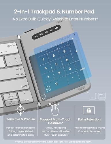 Foldable Travel Keyboard With Touchpad & Number Pad, Bluetooth Wireless Portable Folding Full Size Keyboard With Trackpad For Pc Laptop Ipad Tablets Smartphone, Silicone Leather Cover, Gray