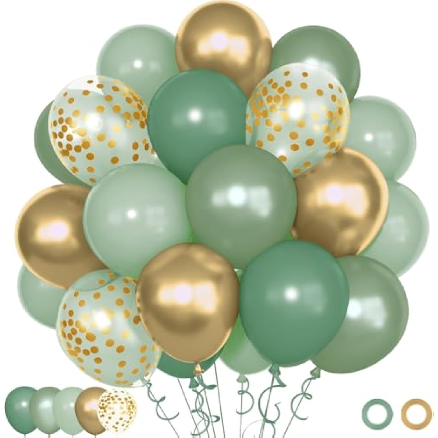 72pcs Sage Green Balloon Set, 12" 5" Metallic Gold & Confetti for Baby Shower Decor