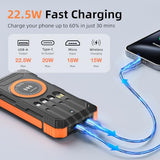 Solar Charger Power Bank 49800mAh Wireless Portable Phone Charger, 22.5W QC3.0 Fast Charging Built in 4 Cables with USB C 6 Outputs & 2 Inputs for