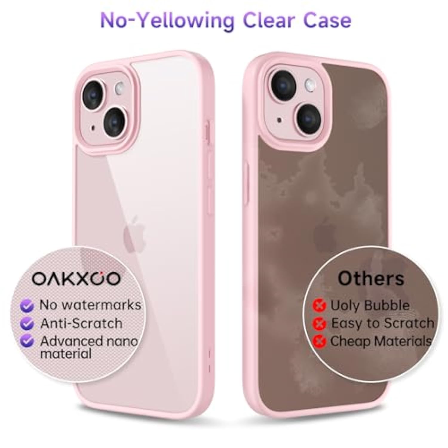 Thin Slim Clear Case For Iphone 15 Plus/ 14 Plus, Transparent Hybrid Hard Shell Plastic & Soft Silicone Rubber Bumper, Non-Yellow Acrylic Protective Lightweight Cover For Women, Light Pink