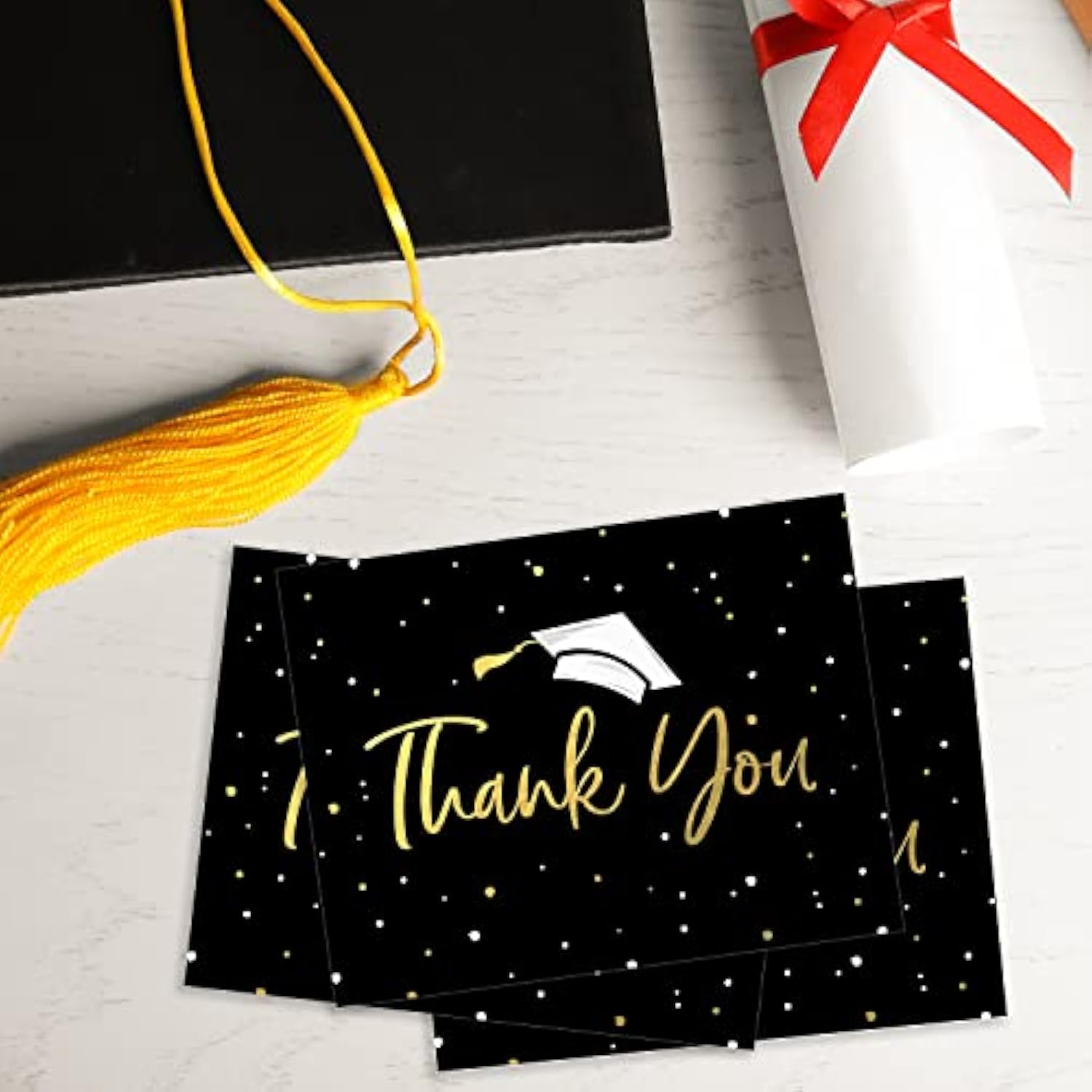 Faux Gold Confetti Graduation Thank You Cards / 100 Bulk Note Cards With White Envelopes / 4 1/4" X 5 1/2" High School College Grad Greeting Cards/Made In The Usa