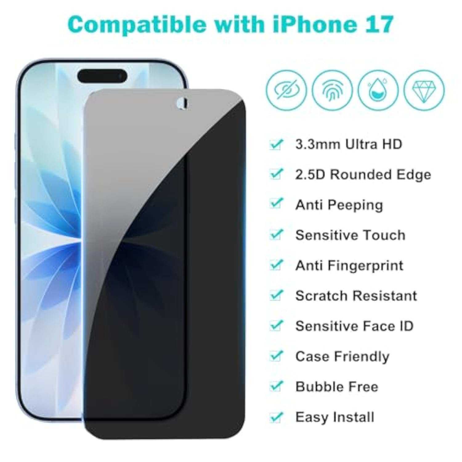 3+3Pack For Iphone 17 Privacy Screen Protector With Camera Lens Protector Full Coverage Anti-Spy Tempered Glass Film 9H Hardness Upgrade Edge Protection Easy Installation Bubble Free [6.3 Inch]