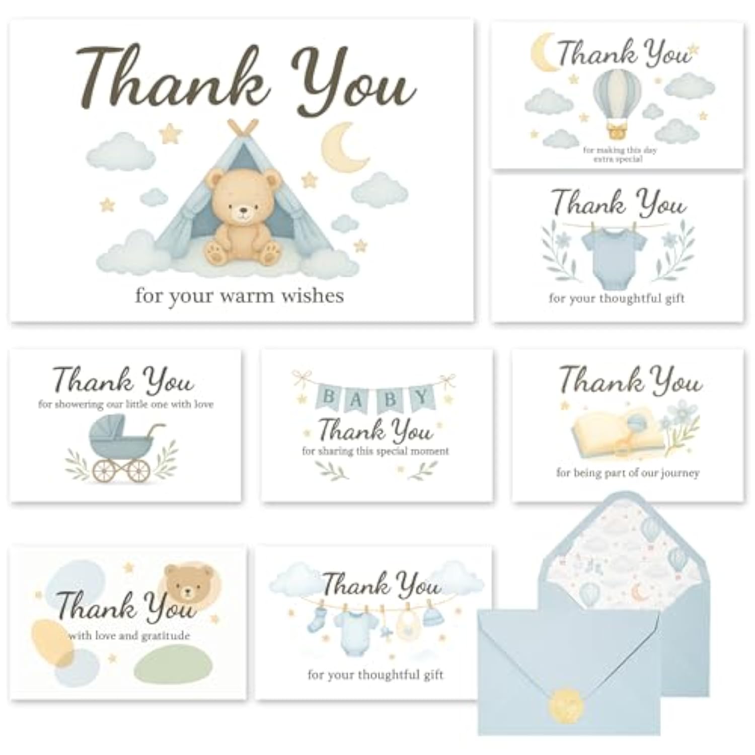 Baby Shower Thank You Cards For Boy - 24 Pack With Envelopes & Gold Stickers,Baby Shower Greeting Cards Bulk For Newborn Party