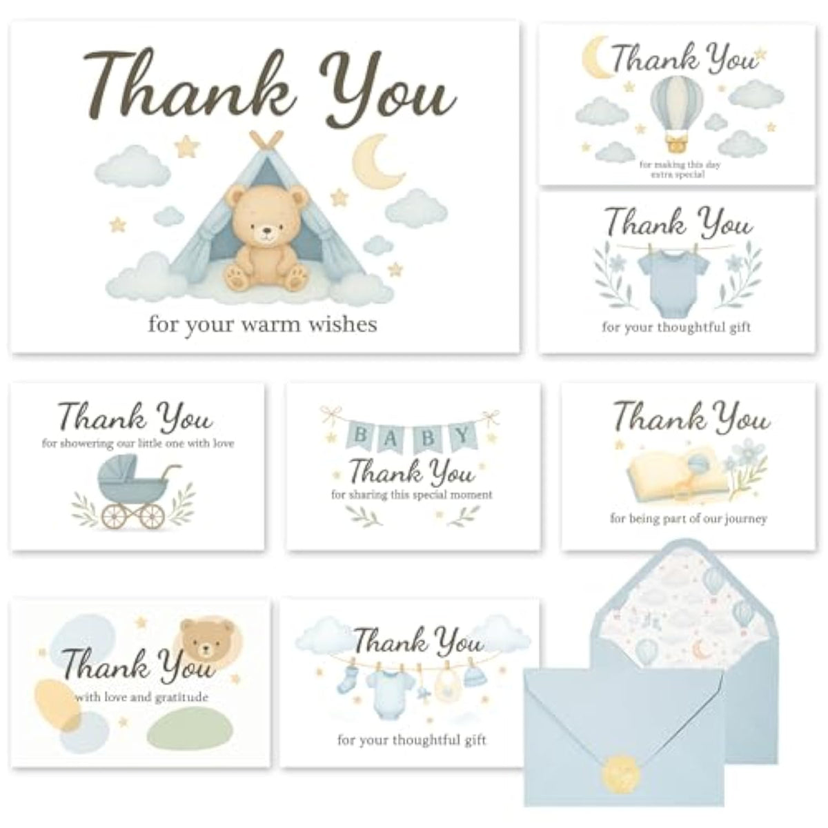 Baby Shower Thank You Cards For Boy - 24 Pack With Envelopes & Gold Stickers,Baby Shower Greeting Cards Bulk For Newborn Party