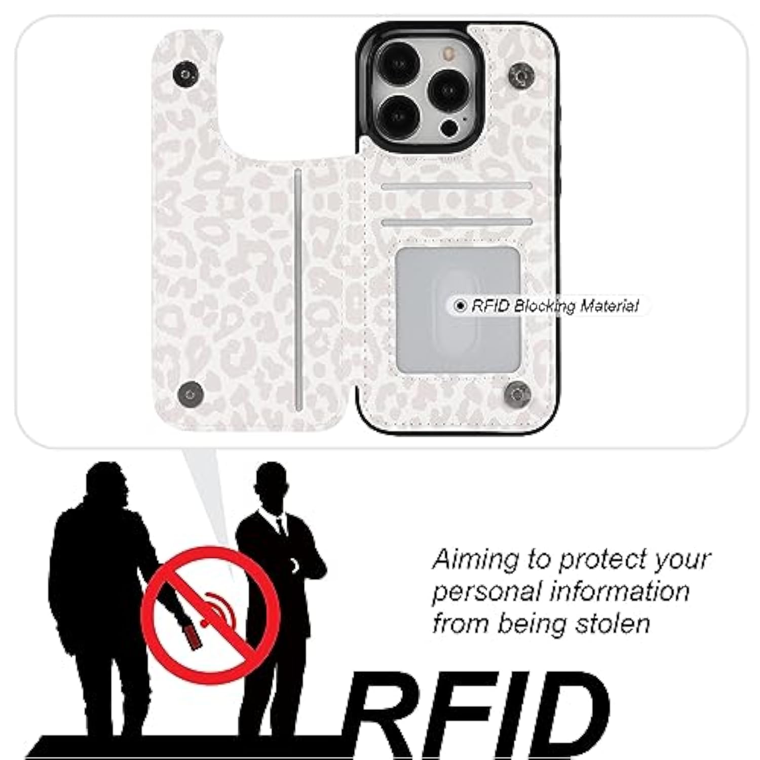 For Iphone 15 Pro Case Wallet With Card Holder, White Leopard Cheetah Pattern Back Flip Folio Pu Leather Kickstand Card Slots Case For Women Girls, Double Magnetic Clasp Case 6.1"