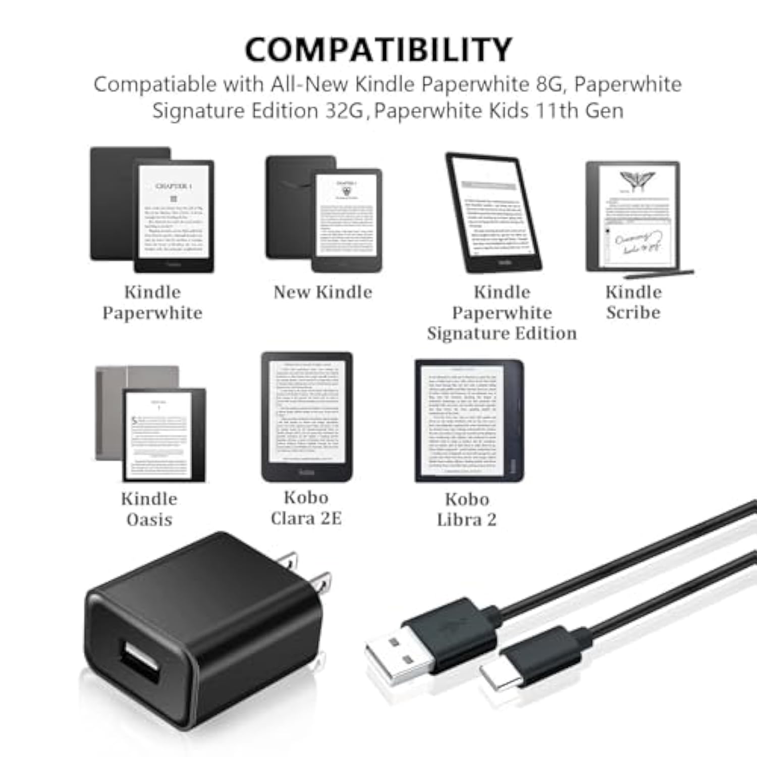 5Ft Usb-C Charging Cable With Matching Usb Charger For The New Kindle Paperwhi