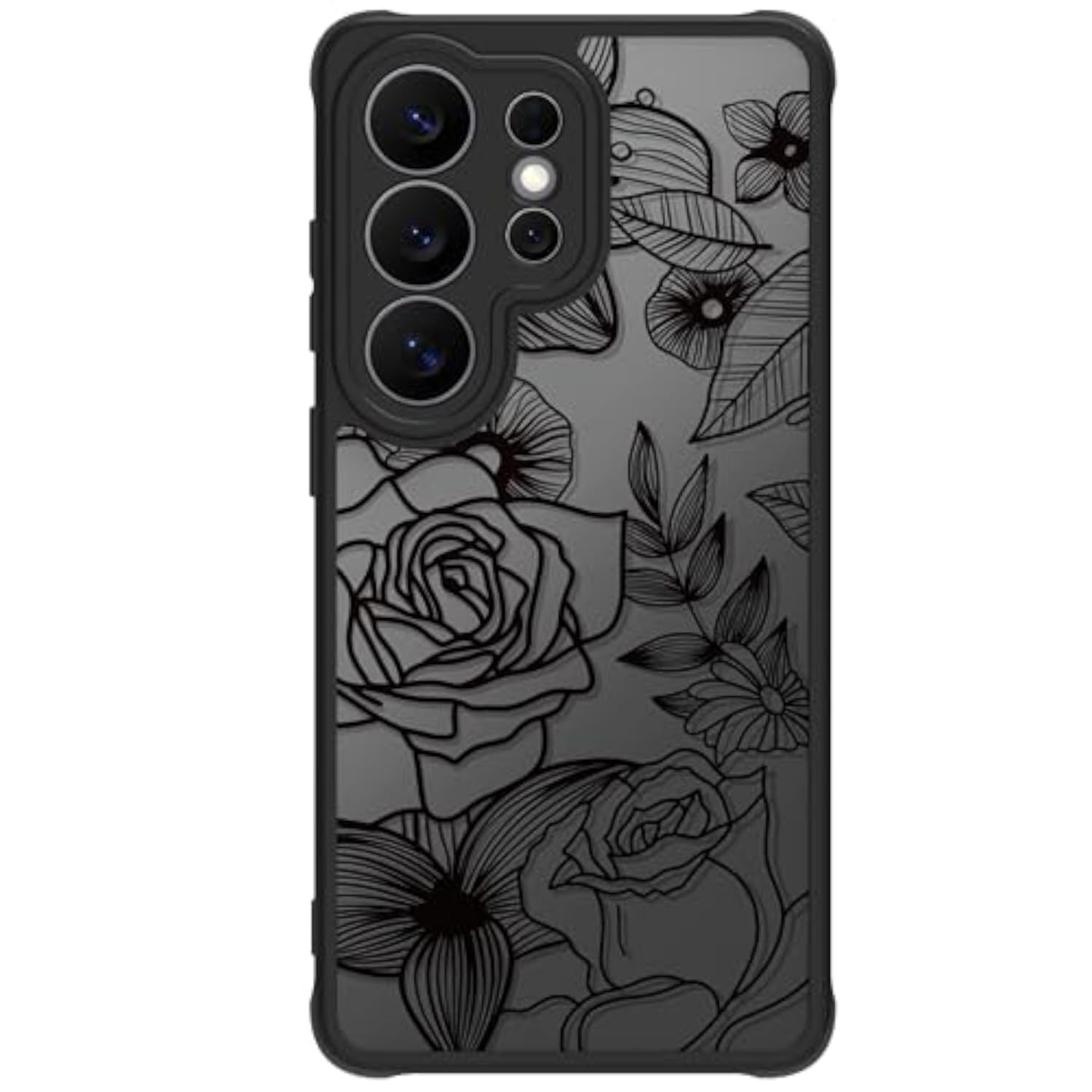 Cute Phone Case for Samsung Galaxy S26 Ultra, Aesthetic Black Line Art Floral Rose Pattern, PC and TPU Full Protection Shockproof Cases Cover for Girls Women