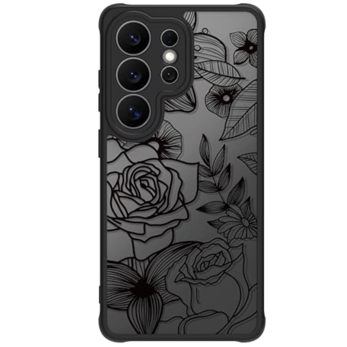 Cute Phone Case for Samsung Galaxy S26 Ultra, Aesthetic Black Line Art Floral Rose Pattern, PC and TPU Full Protection Shockproof Cases Cover for Girls Women