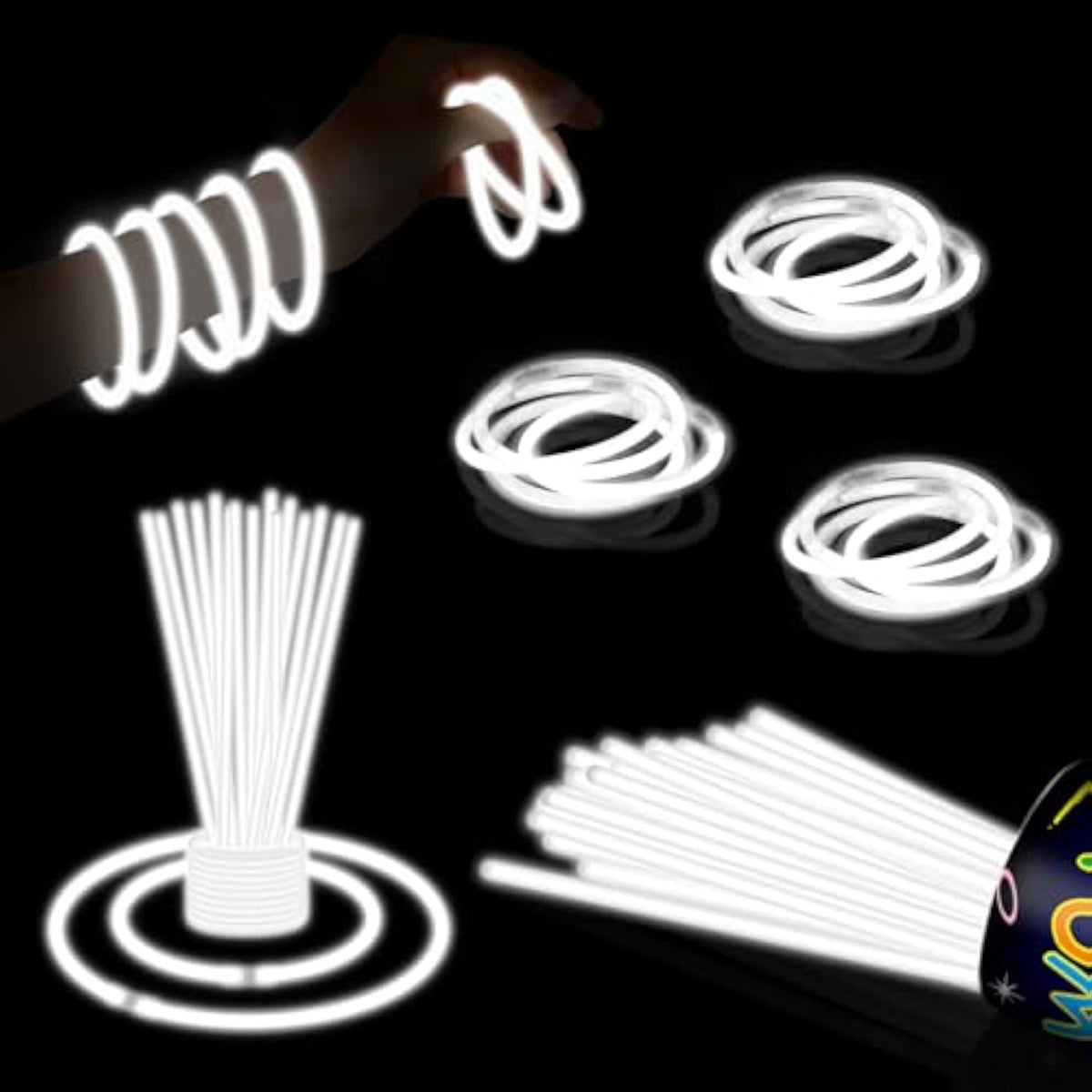 40 Pack 8” White Glow Sticks Bracelet Necklaces Bulk With 40 Connectors Neon Glow In The Dark Party Favors Supplies For Holiday Birthday Party Decoration (White)