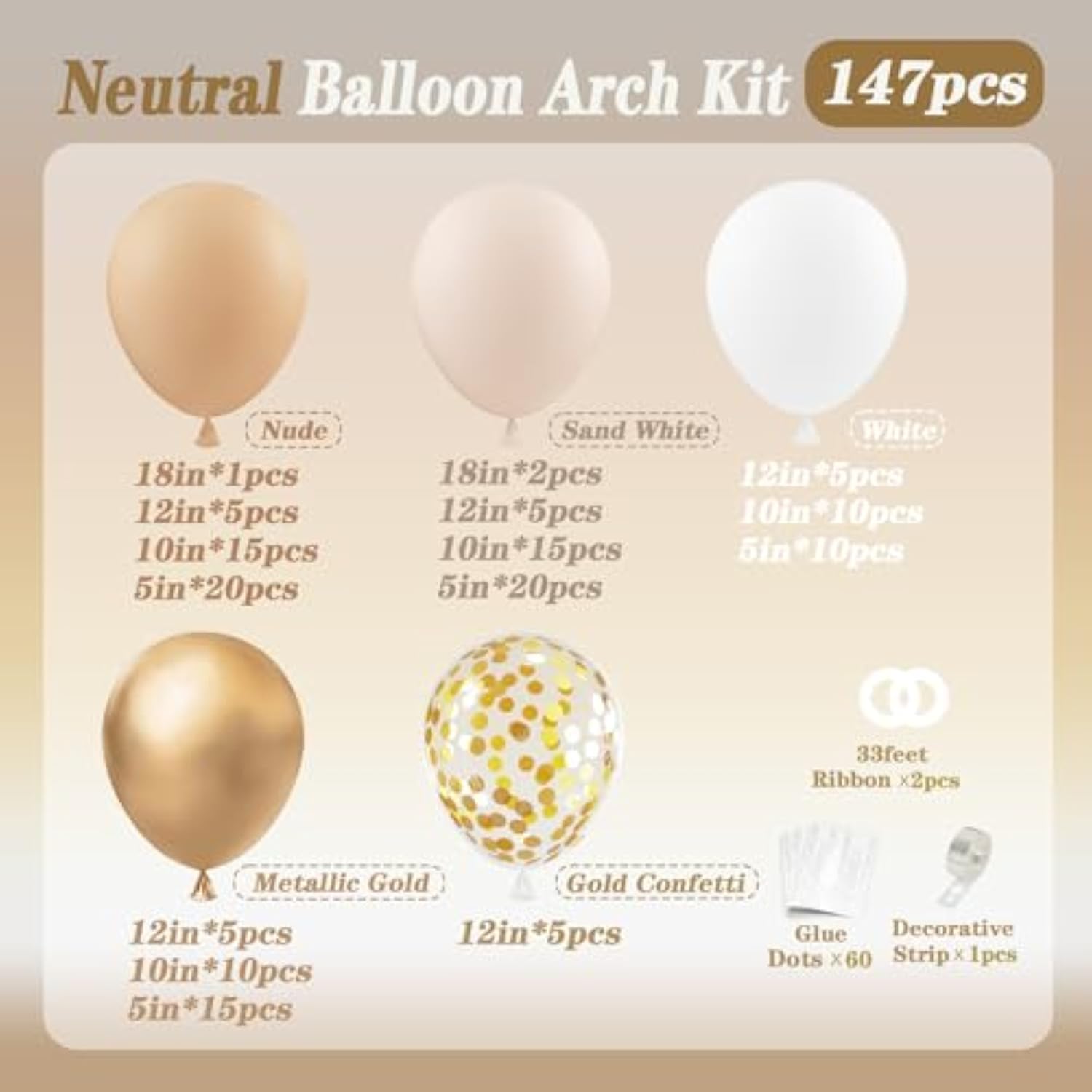 147pcs Neutral Balloon Arch Kit – Beige, Cream, Gold for Baby Shower & Parties