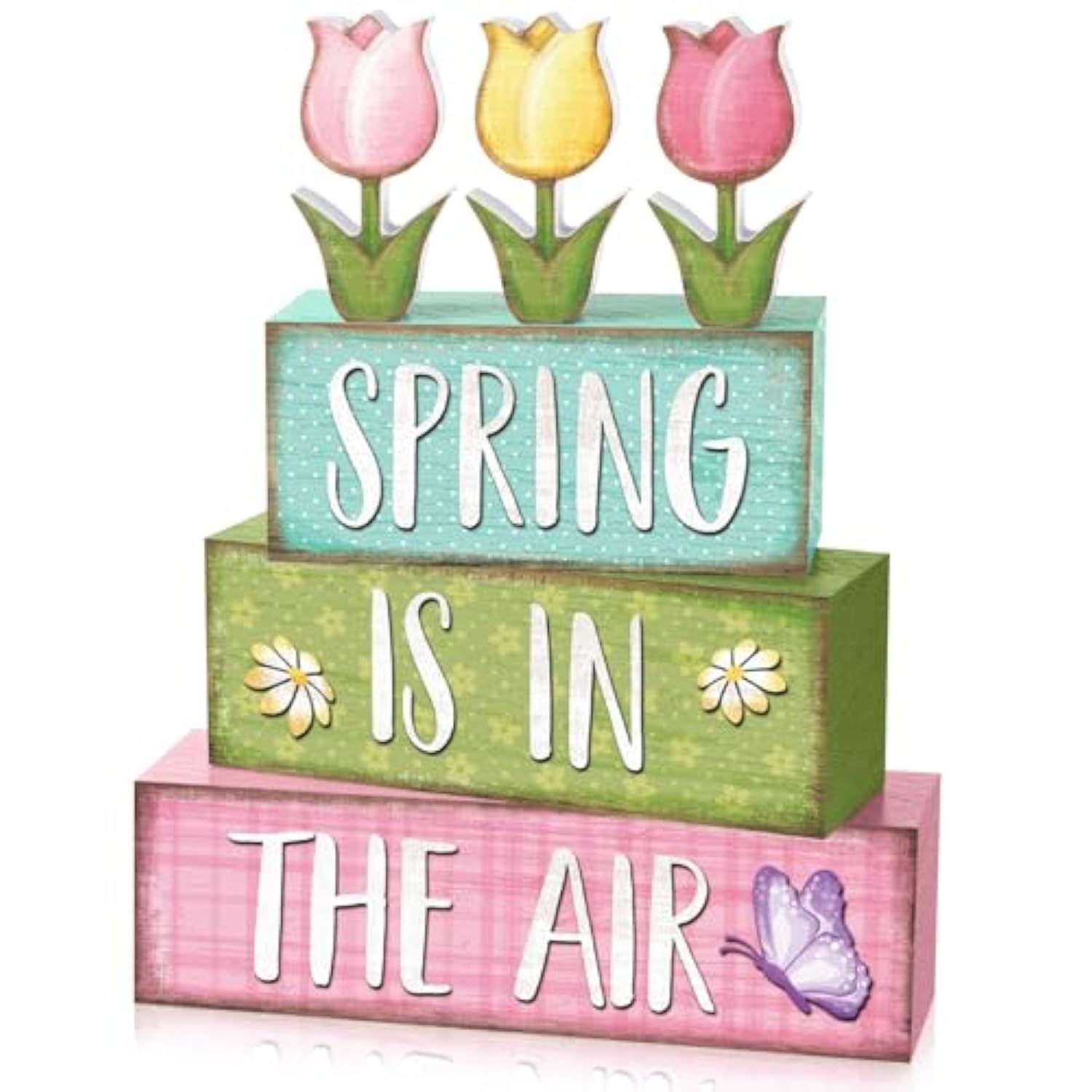 4 Pcs Spring Table Decorations Tulip Flower Wooden Block Signs Pastel Tulip Tabletop Centerpieces Farmhouse Distressed Easter Spring Decor For Home Table Kitchen Shelf Tiered Tray Decor