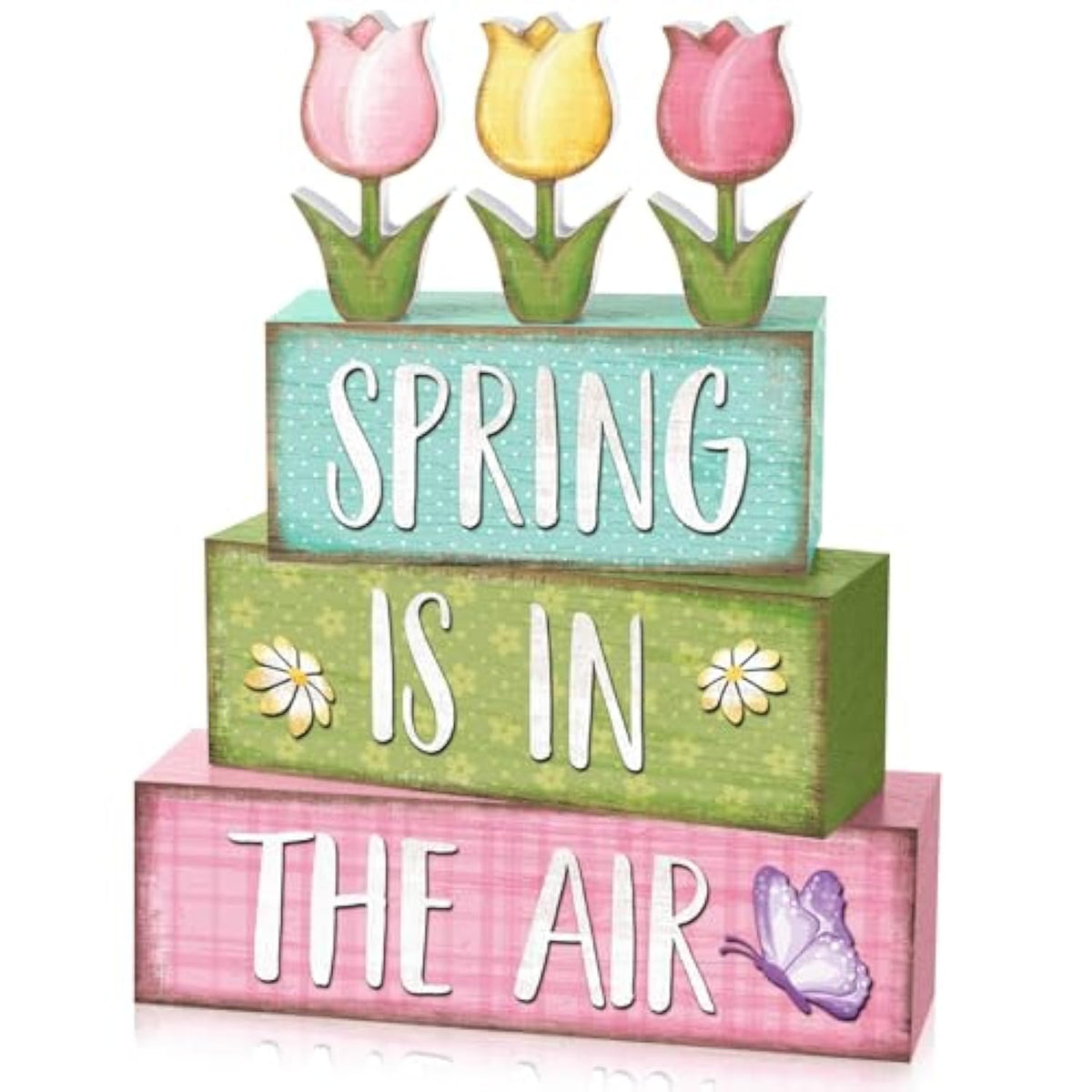 4 Pcs Spring Table Decorations Tulip Flower Wooden Block Signs Pastel Tulip Tabletop Centerpieces Farmhouse Distressed Easter Spring Decor For Home Table Kitchen Shelf Tiered Tray Decor