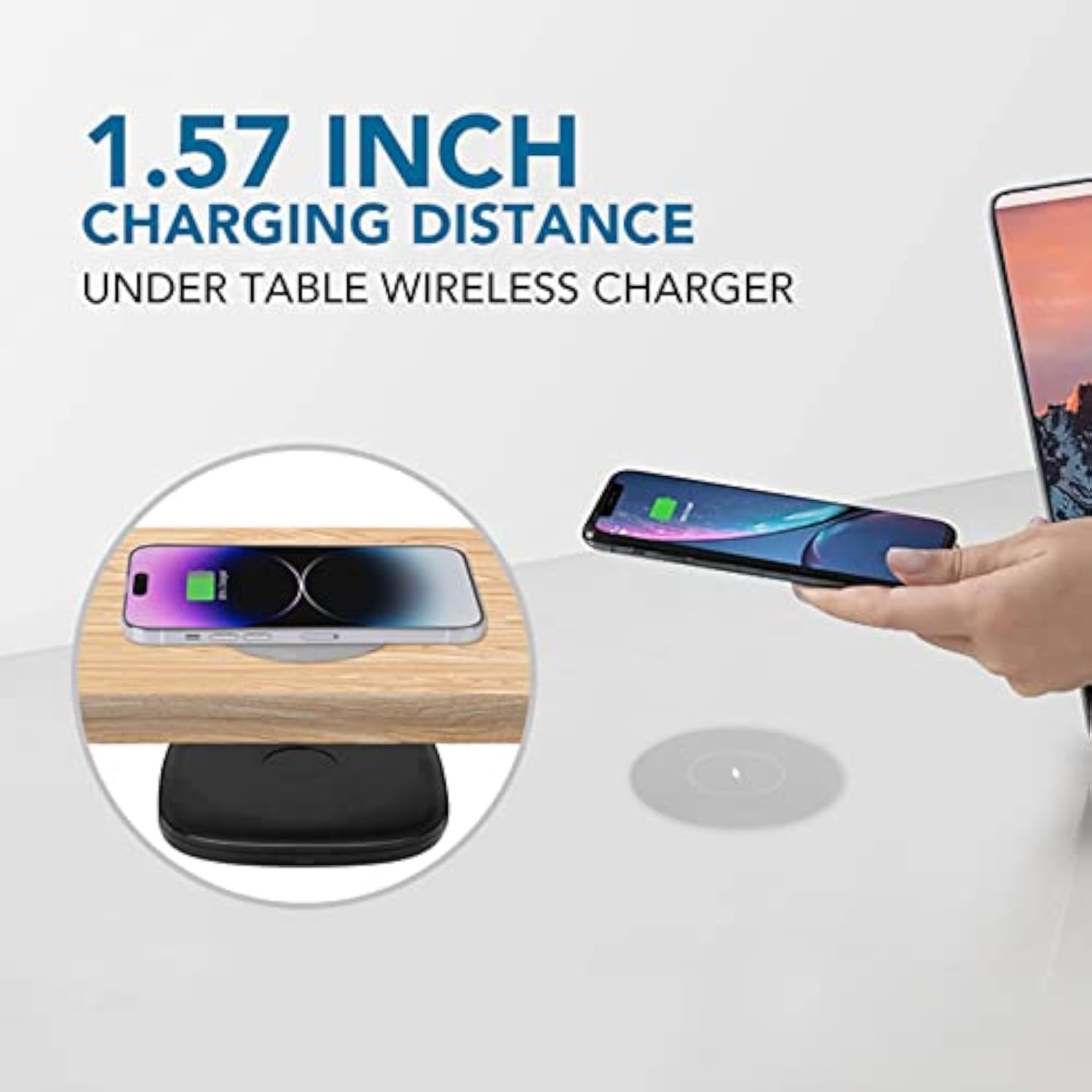 1.57"(40Mm) Invisible Wireless Charger, Under Desk Wireless Charger, Under Counter Charging For Iphone 16/15/14/13/12/ Samsung Galaxy S25/S24/S23/S22/S21(Adapter Included)