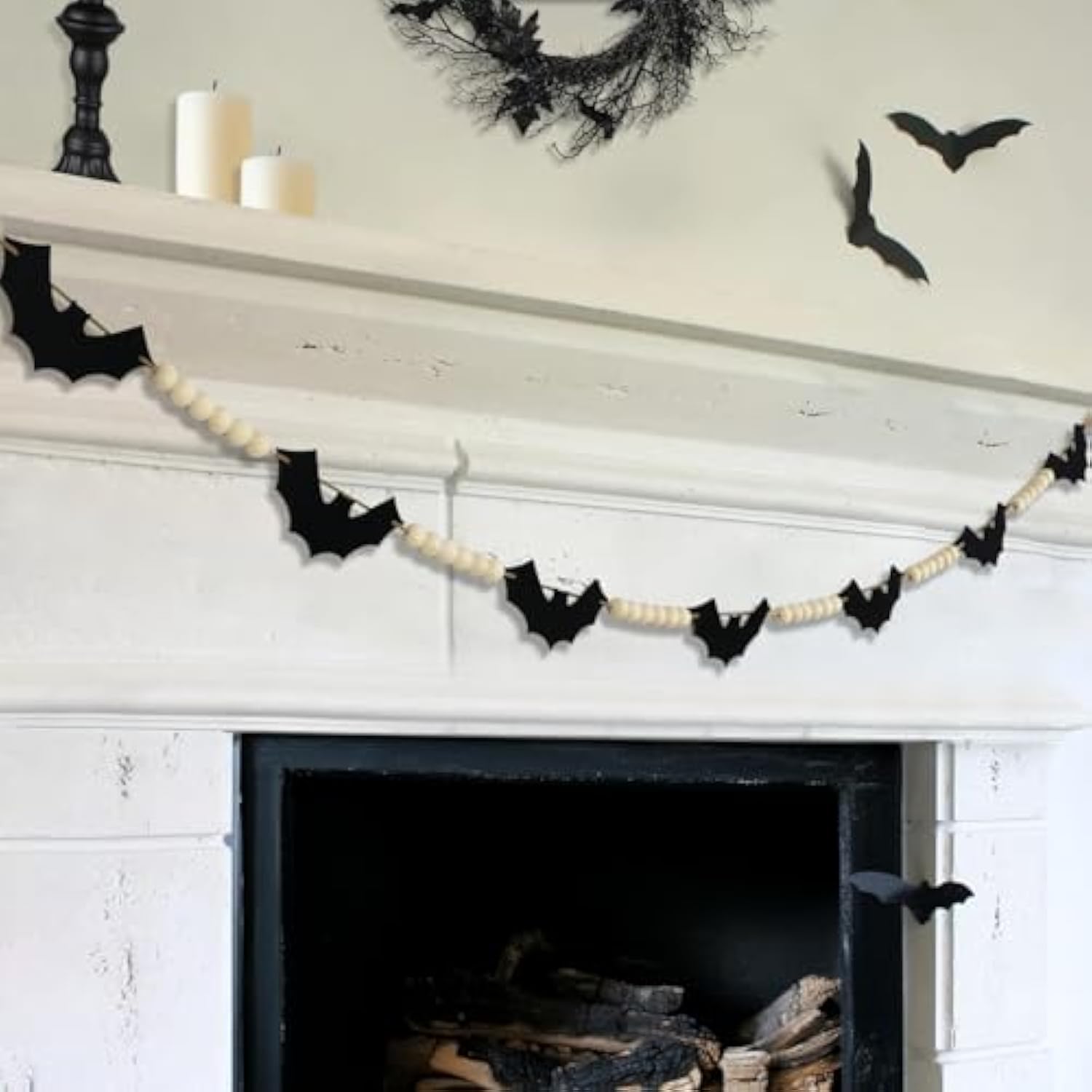 Halloween Black Felt Bat Garland with Wood Beads, Adjustable Hanging Mantel & Wall Decor