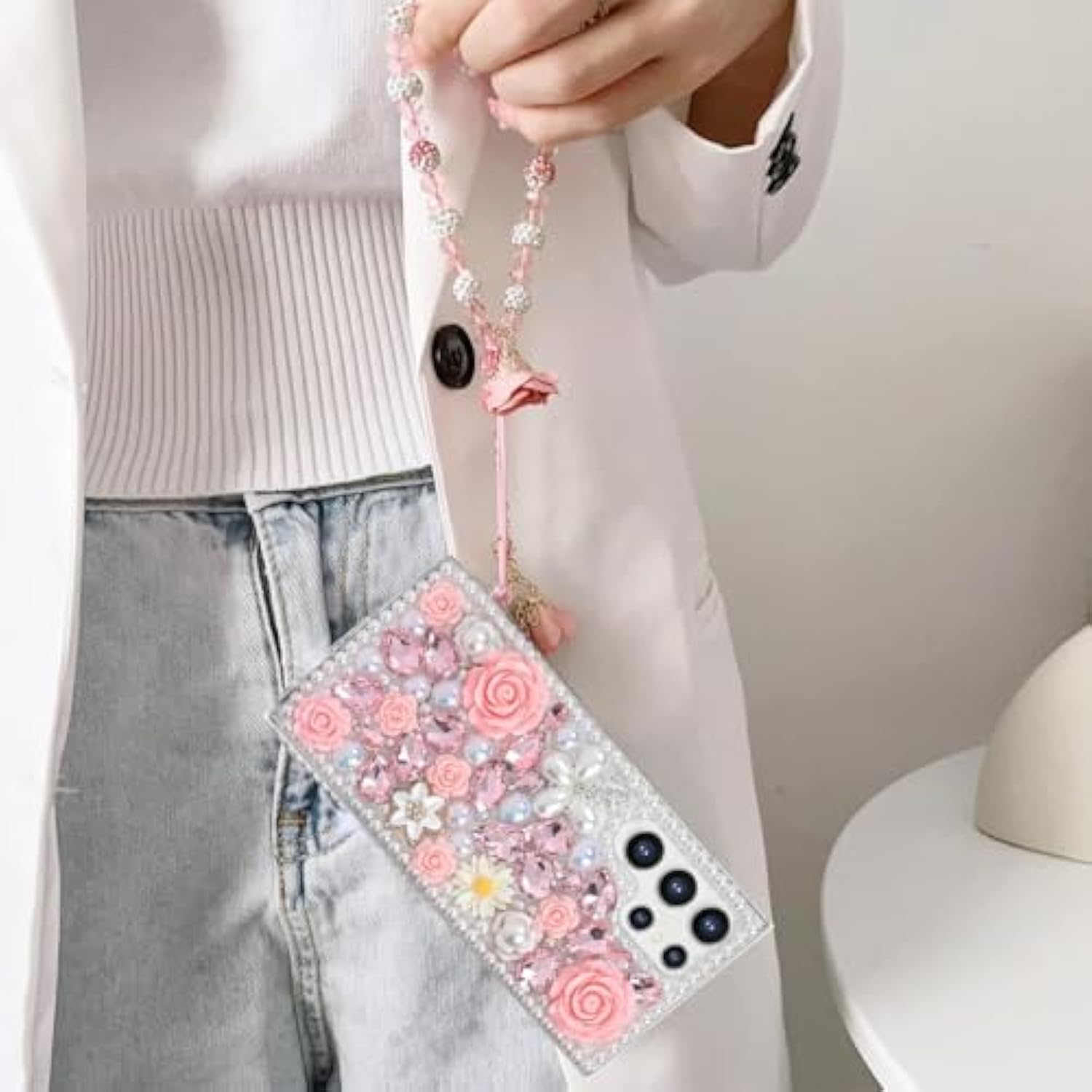 For Samsung Galaxy A16 5G Glitter Bling Case,Cute Luxury 3D Sparkle Crystal Rhinestone Flowers Diamond Pearl With Lanyard Wrist Strap Women Girls Phone Case For Galaxy A16 5G 6.7 Inch (Pink)