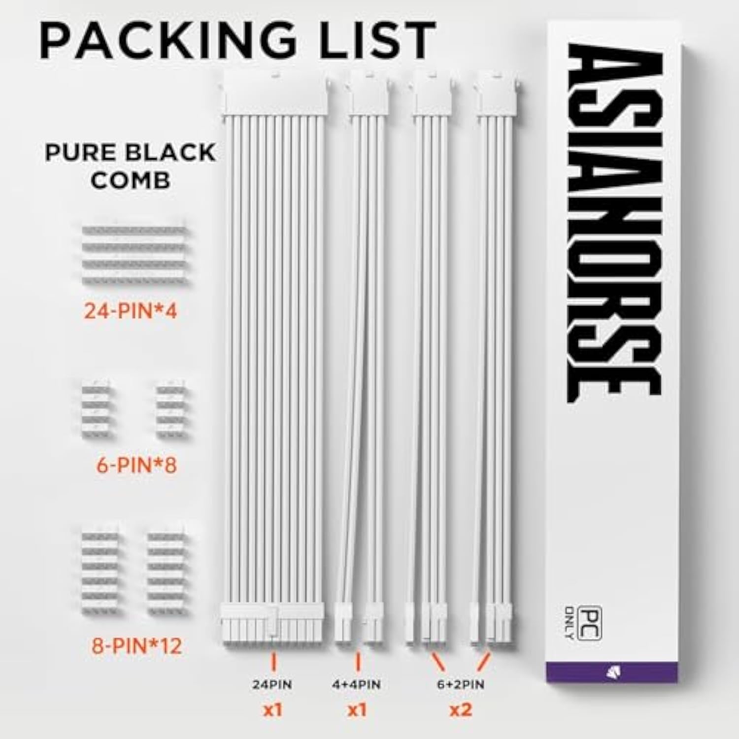 AsiaHorse 16AWG PSU Cable Extension Sleeved Custom Mod GPU PC Audio Video Power Supply Soft Braided Cables with Two Color Comb Kit 24P/8P to 6+2P/ 8P to 4+4P 30CM