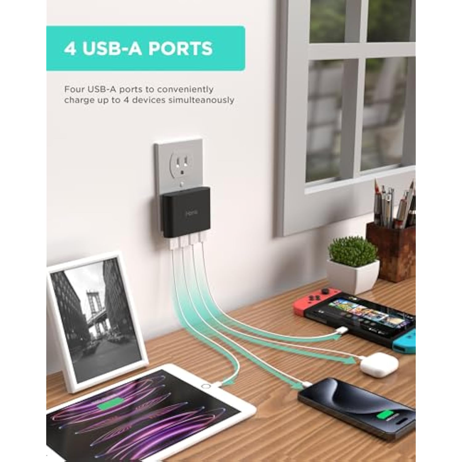 iHome Slim 4-Port USB Wall Charger, AC Pro Multiport Plug Adapter, Phone Charging Block with 4 Ports, Flat USB Wall Adapter for Home & Travel