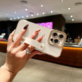 For Iphone 16 Pro Case Cute, Luxury Gold Plated For Women Girls Elegant Tpu Bumper Cover With Wrist Strap Kickstand Camera Protection Shockproof Silicone Phone Case For Iphone 16 Pro, White