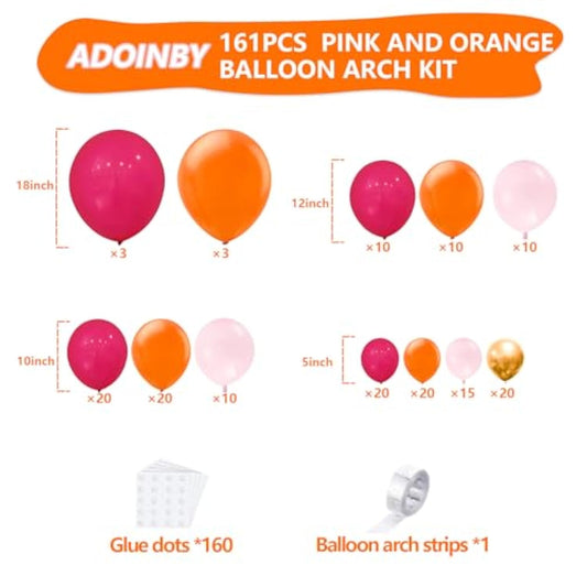 Pink And Orange Balloon Arch Kit, 161Pcs Hot Pink Orange Metallic Gold Latex Balloon Garland Kit, 18 12 10 5 Inch Different Size Balloons For Birthday Baby Shower Wedding Party Decorations