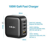 MINIX NEO P3 100W Turbo 4-Ports GaN Wall Charger, 3 x USB-C Port Fast Charging Adapter(Max 100W/20W), 1 USB-A (Max 18W). Compatible with MacBook Pro Air, iPad Pro, iPhone 14,Galaxy S9 and More.