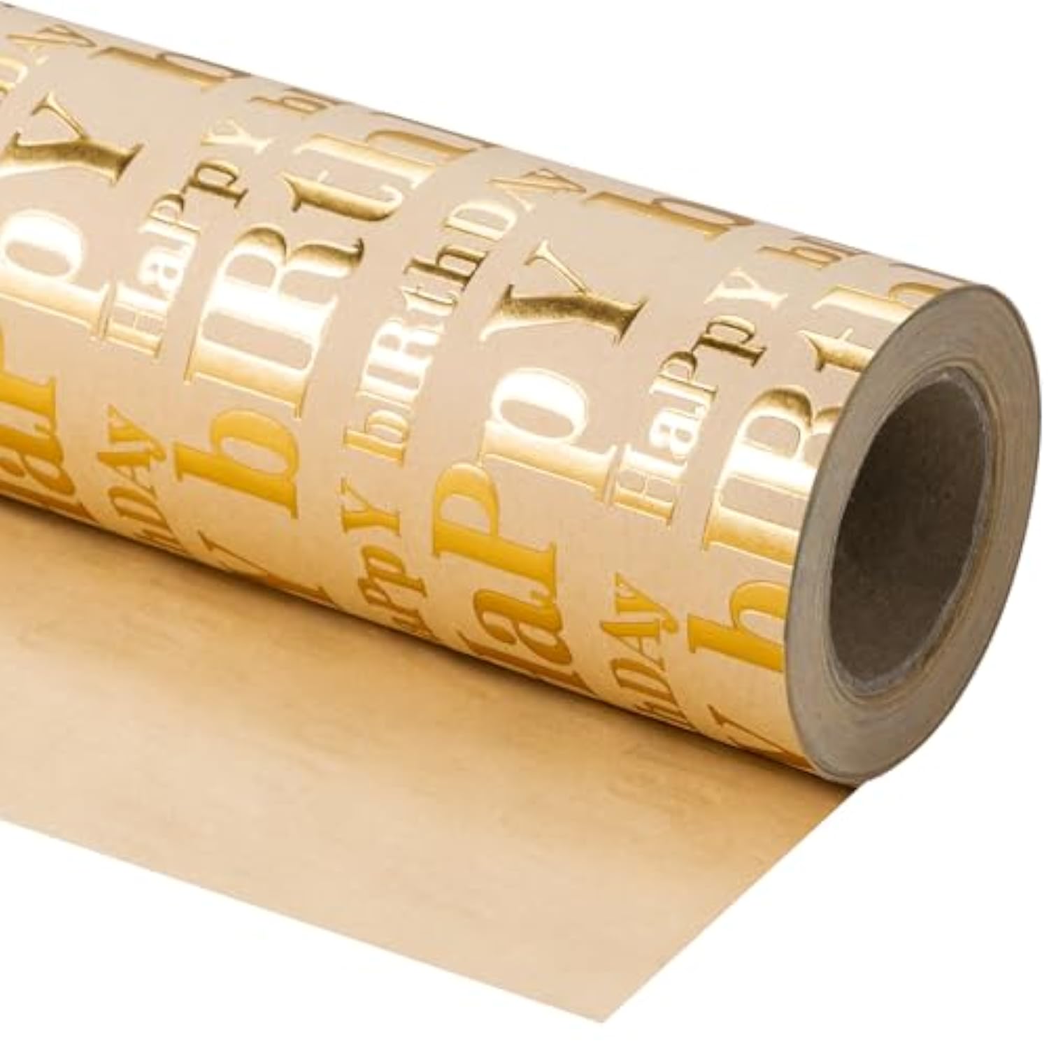 3D Kraft Birthday Wrap Roll – 17"x16.5' Gold & Brown Embossed Lettering Design