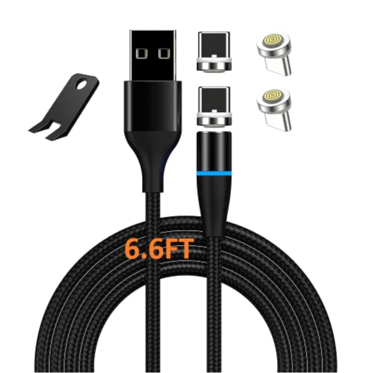 6.6Ft Fast Charging Nylon Braided Magnetic Cable With Led, 4Pcs 7-Pin Magnetic Tips For Quick Charge And Data Sync, Usb C Device