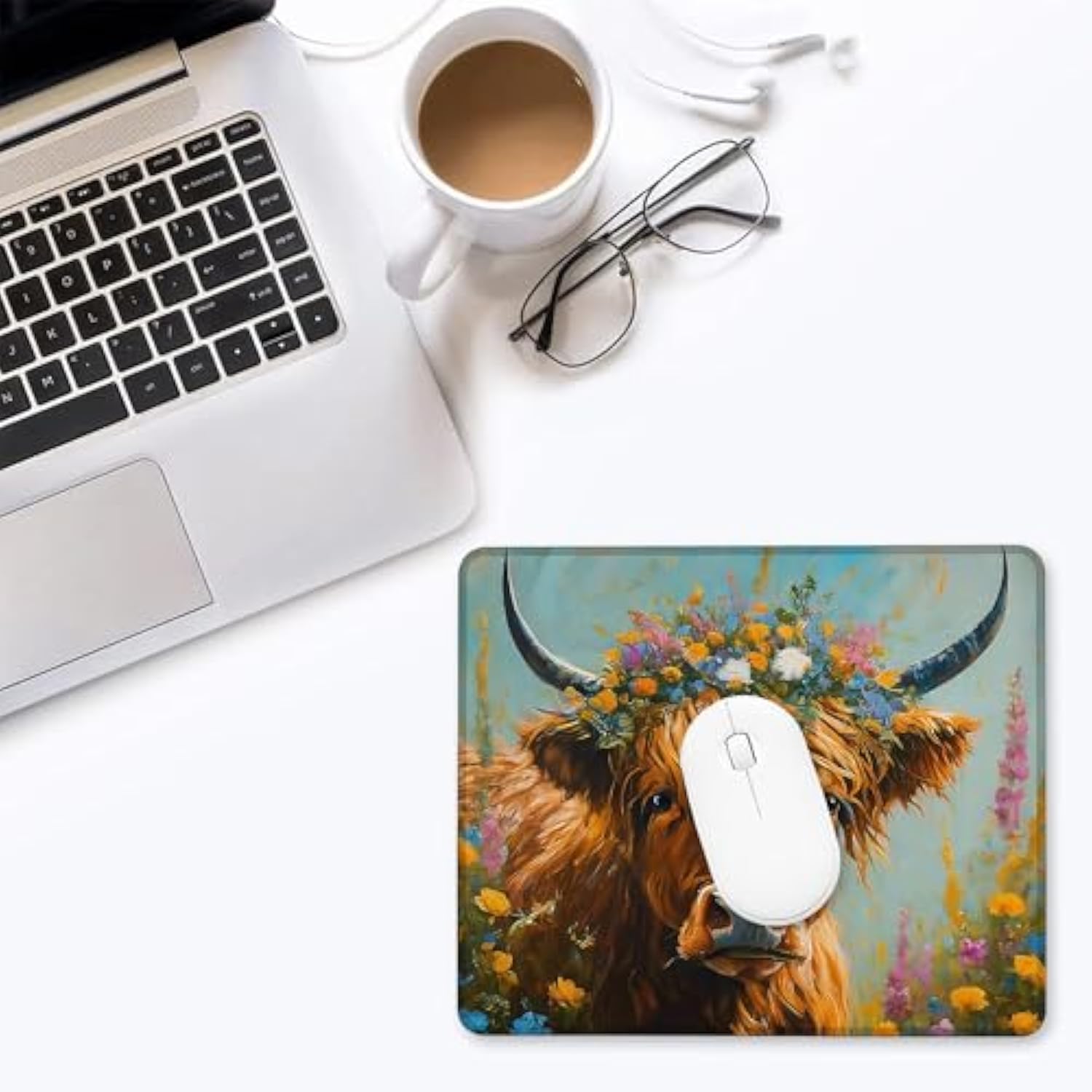 Mouse Pad Cow With A Flower Wreath Computer Mousepad Washable Non-Slip Rubber Base Mouse Mat,Laptop Desk Accessories Decoration 9.5 Inches X 7.9 Inches