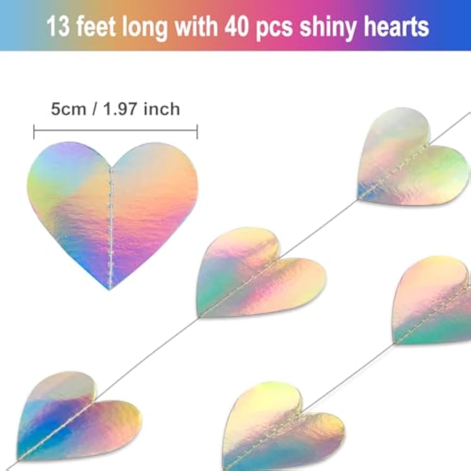52 Feet Love-Heart Garland Shiny Iridescent Heart Streamers Holographic Paper Garland For Valentines Day Birthday Wedding Engagement Bridal Shower Bachelorette Winter Christmas Decoration