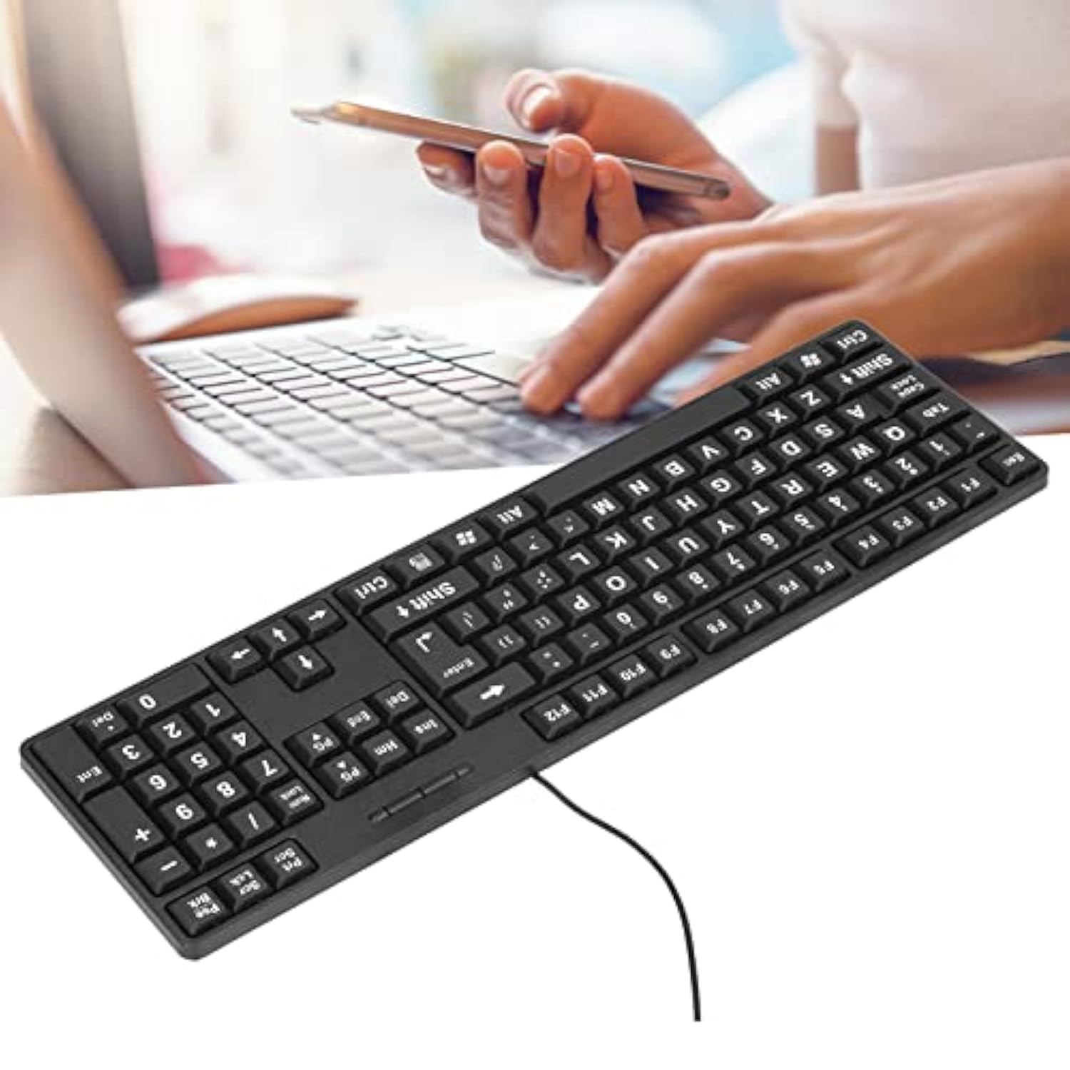 Wired Large Print Keyboard, 104 Keys Large Character Design Plug And Play Usb