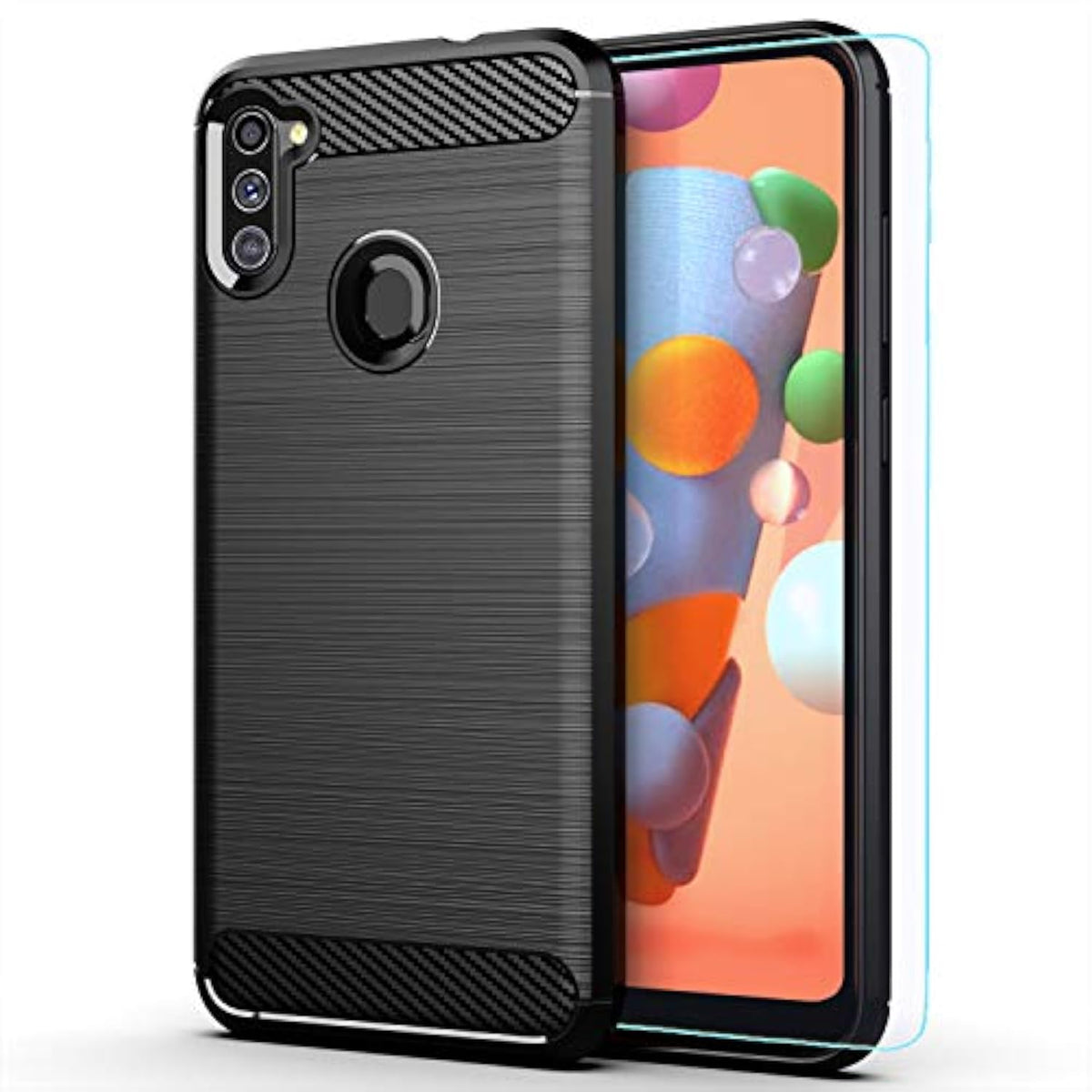 Galaxy A11 Case,Samsung A11 Case,With Hd Screen Protector,Maikezi Soft Tpu Slim Fashion Non-Slip Protective Phone Case Cover For Samsung Galaxy A11(Black Brushed Tpu)