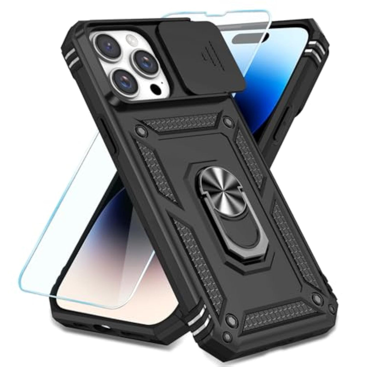 Compatible With Iphone 14 Pro Case With Hd Screen Protector & Slide Camera Cover & Rotated Ring Kickstand, [Military-Grade] Phone Case For Iphone 14 Pro (Black)