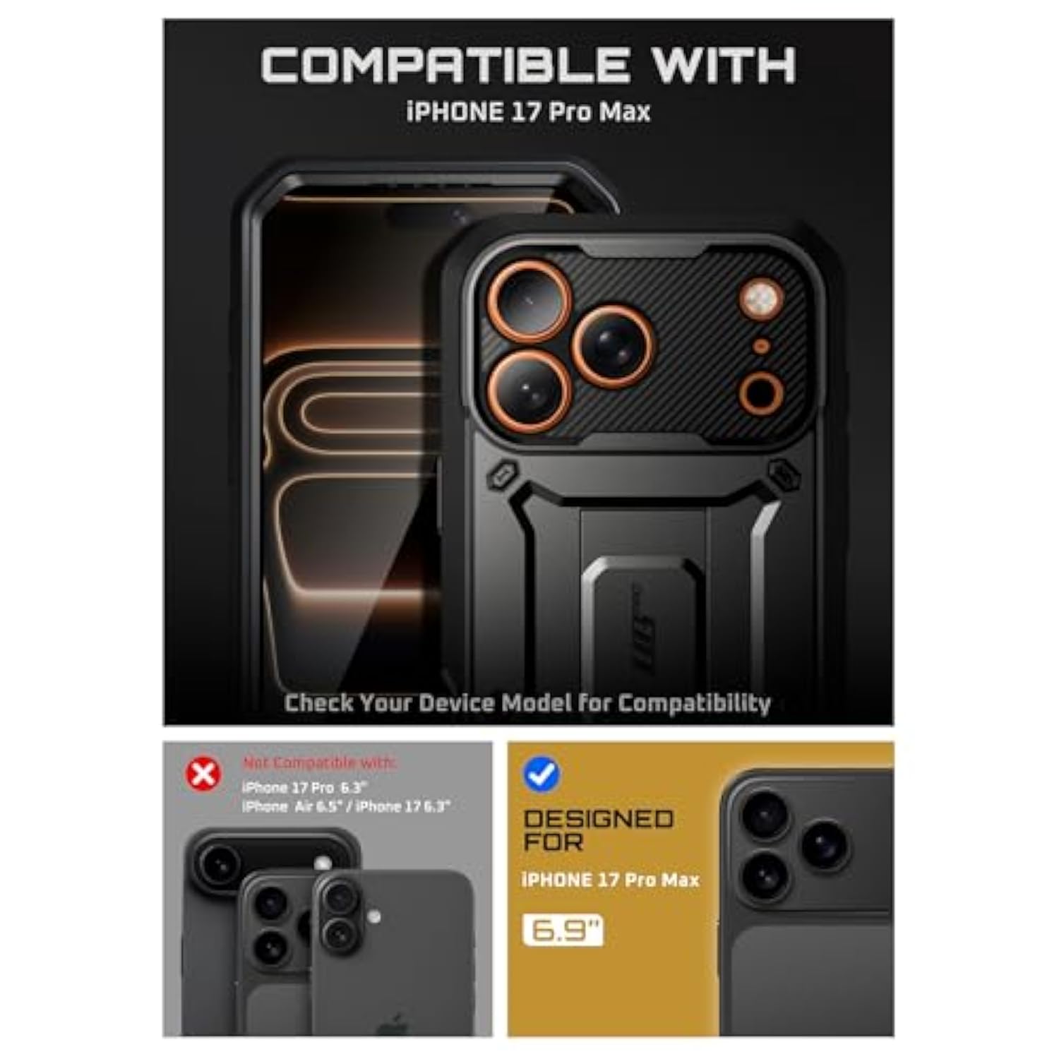 SUPCASE for iPhone 17 Pro Max Case with Camera Control Button (Unicorn Beetle Pro), [Built-in Kickstand & Screen Protector] [Military-Grade Protection] Full Body Heavy Duty Phone Case, Black