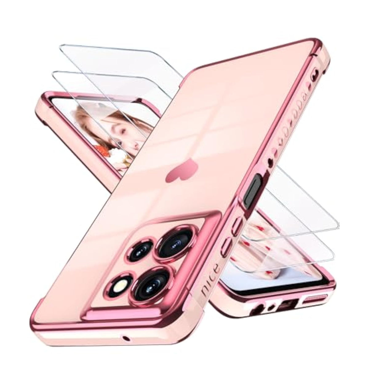 For Motorola Motogpower5G2025 Case With 2X Screen Protector, For Girl Women Cute Girly Loveheart Luxury Gold Soft Cover Camera Protection Bumper Silicone Shockproof Phone Case (Pink)