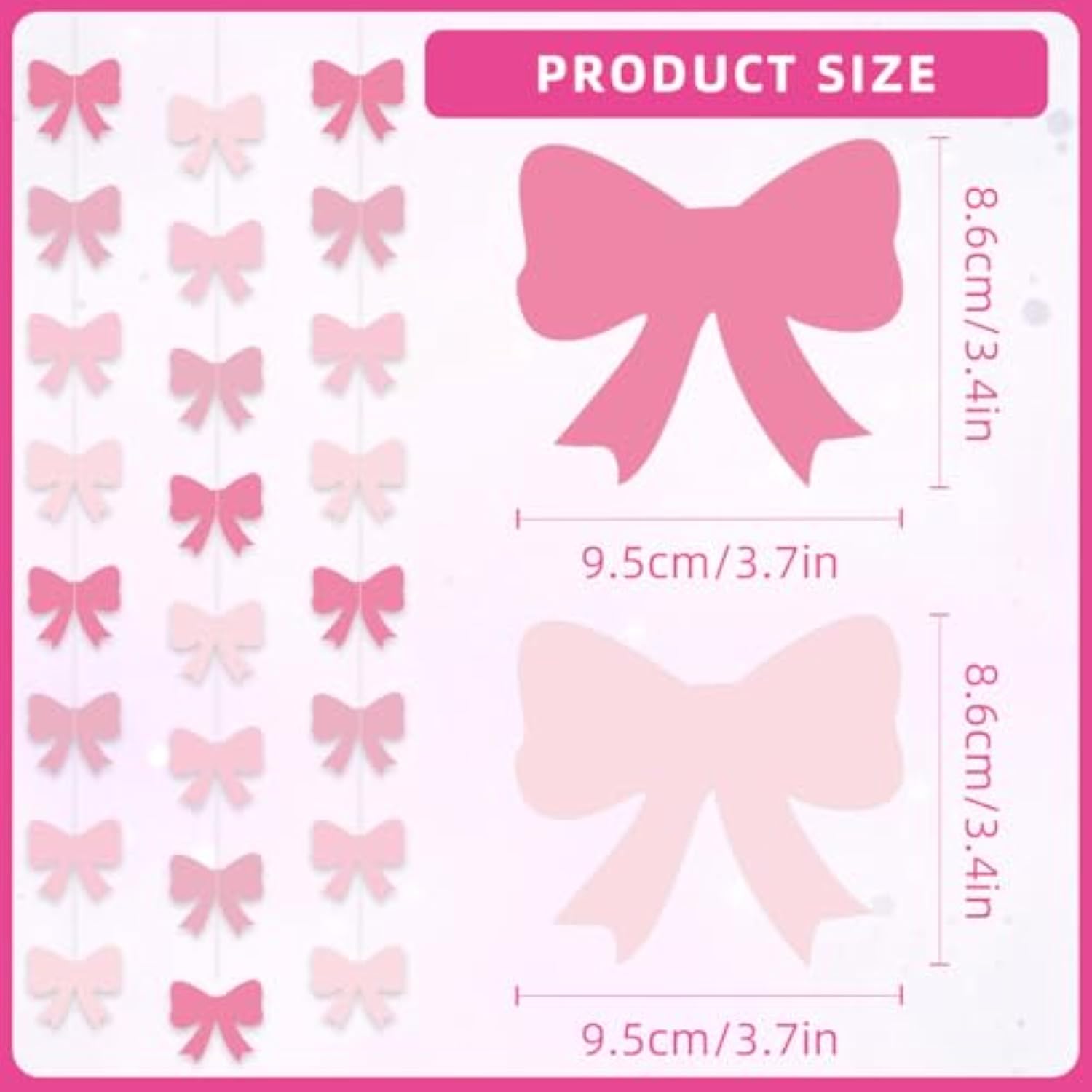 Pink Bow Party Hanging Banners & Birthday Party Supplies Decorations - Bow Paper Cutouts For Girl Baby Shower Bridal Shower Bachelorette Room Backdrop - 8 Pcs, 55 Inch, Hot To Light Pink Paper Banners