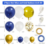174Pcs Navy Blue Gold Balloons Garland Arch Kit, Metallic Gold Latex White Confetti Mixed Sizes Balloons Foil Balloons For Baby Shower Birthday Party Wedding Graduation Decoration