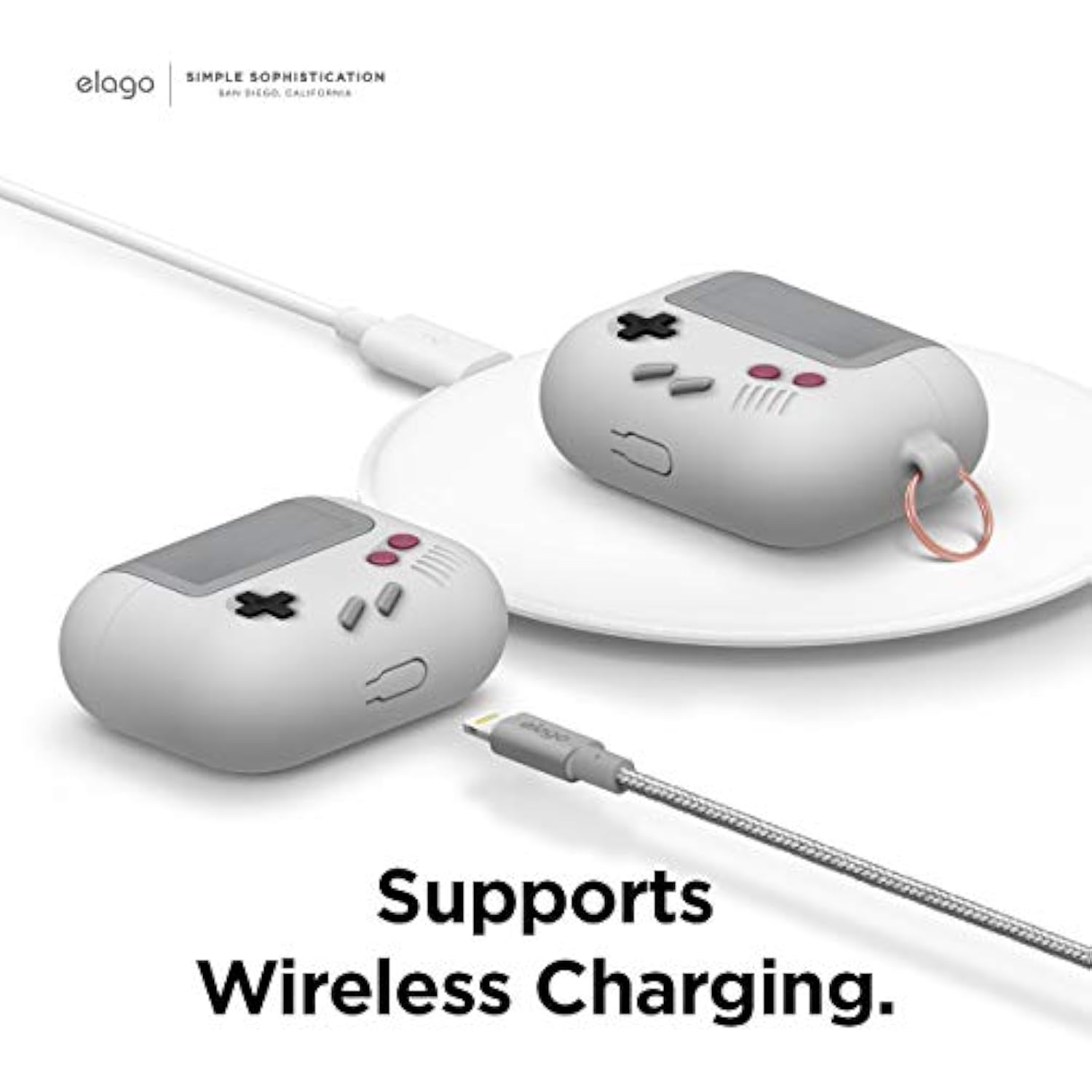 elago AW5 Compatible with Airpods Pro Case, Classic Handheld Game Console Design Case with Keychain, Durable Silicone Construction, MagSafe Compatible [US Patent Registered] [Light Grey]