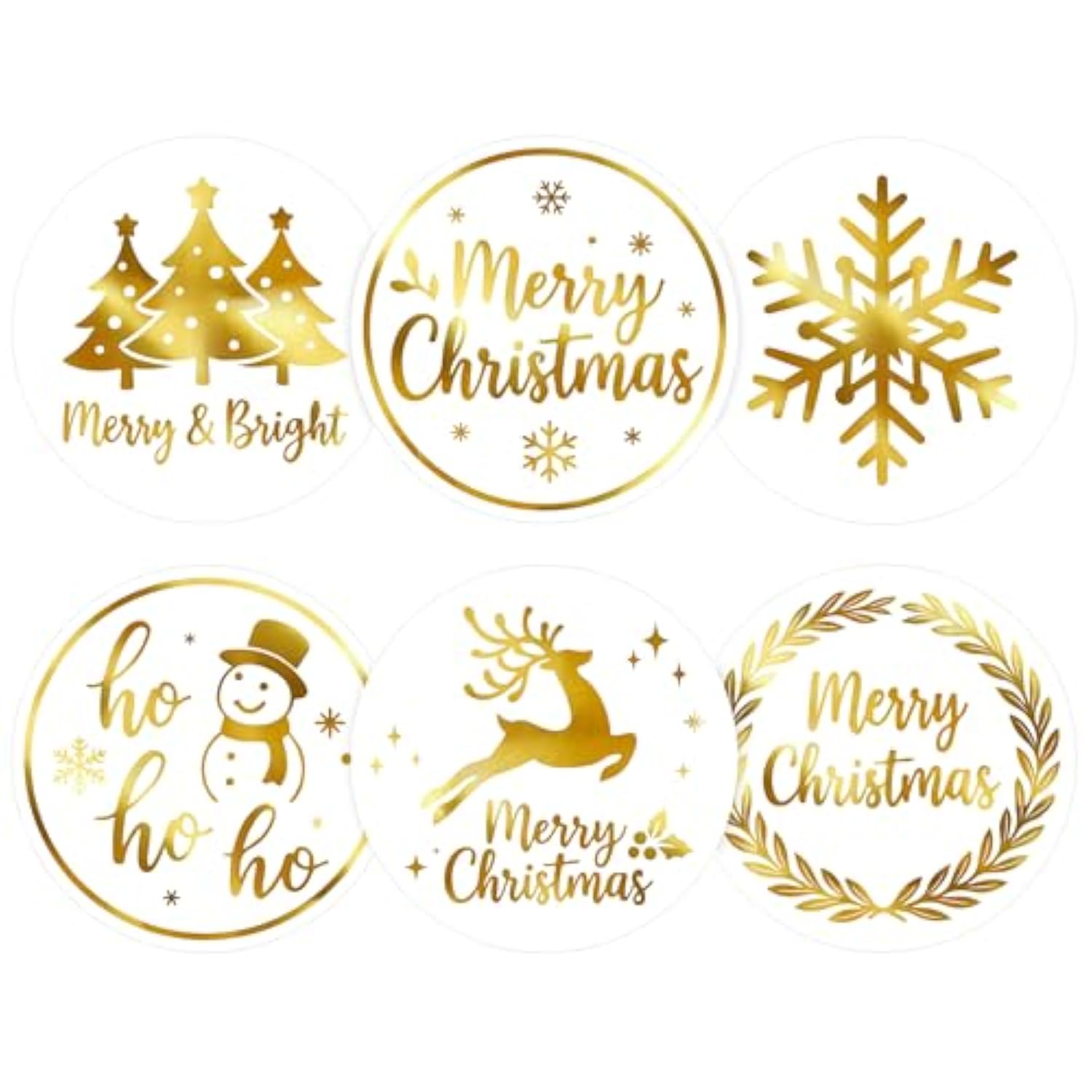 Merry Christmas Stickers - 2 Inch 120Pcs Gold Foil Holiday Stickers Merry And Bright Sticker Large Round Christmas Tree Snowflake Snowman Labels For Envelope Seals Cards Ornaments (White)