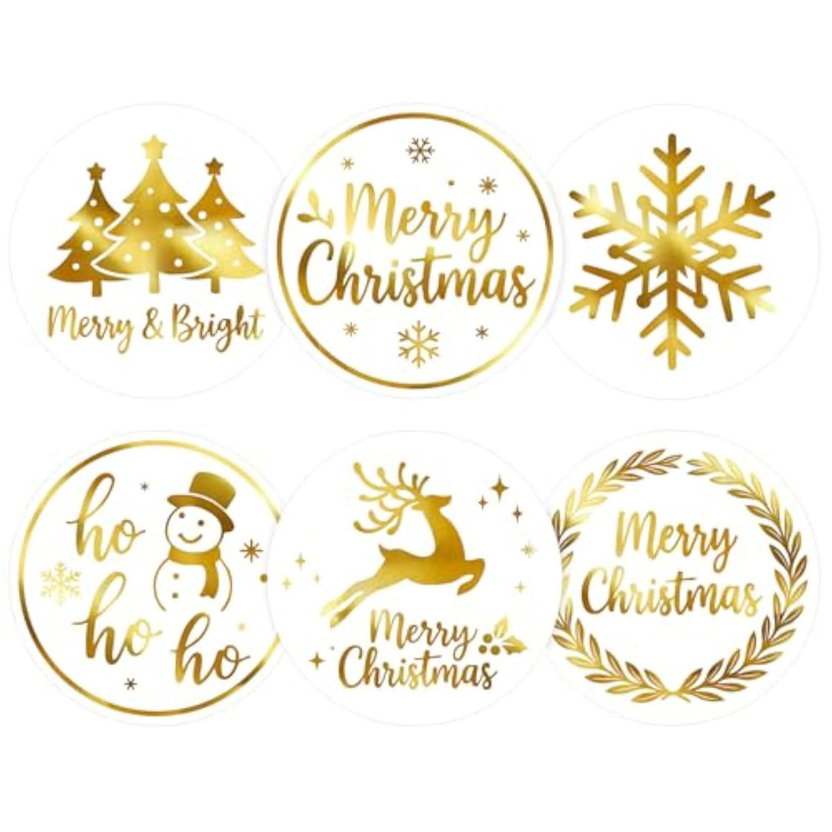 Merry Christmas Stickers - 2 Inch 120Pcs Gold Foil Holiday Stickers Merry And Bright Sticker Large Round Christmas Tree Snowflake Snowman Labels For Envelope Seals Cards Ornaments (White)
