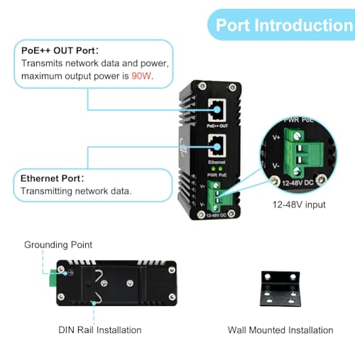 Industrial 90W Gigabit Poe++ Injector 12-48Vdc To 48V Boost Voltage Din/Wall Mount10/100/1000Mbps Ieee 802.3At/Bt