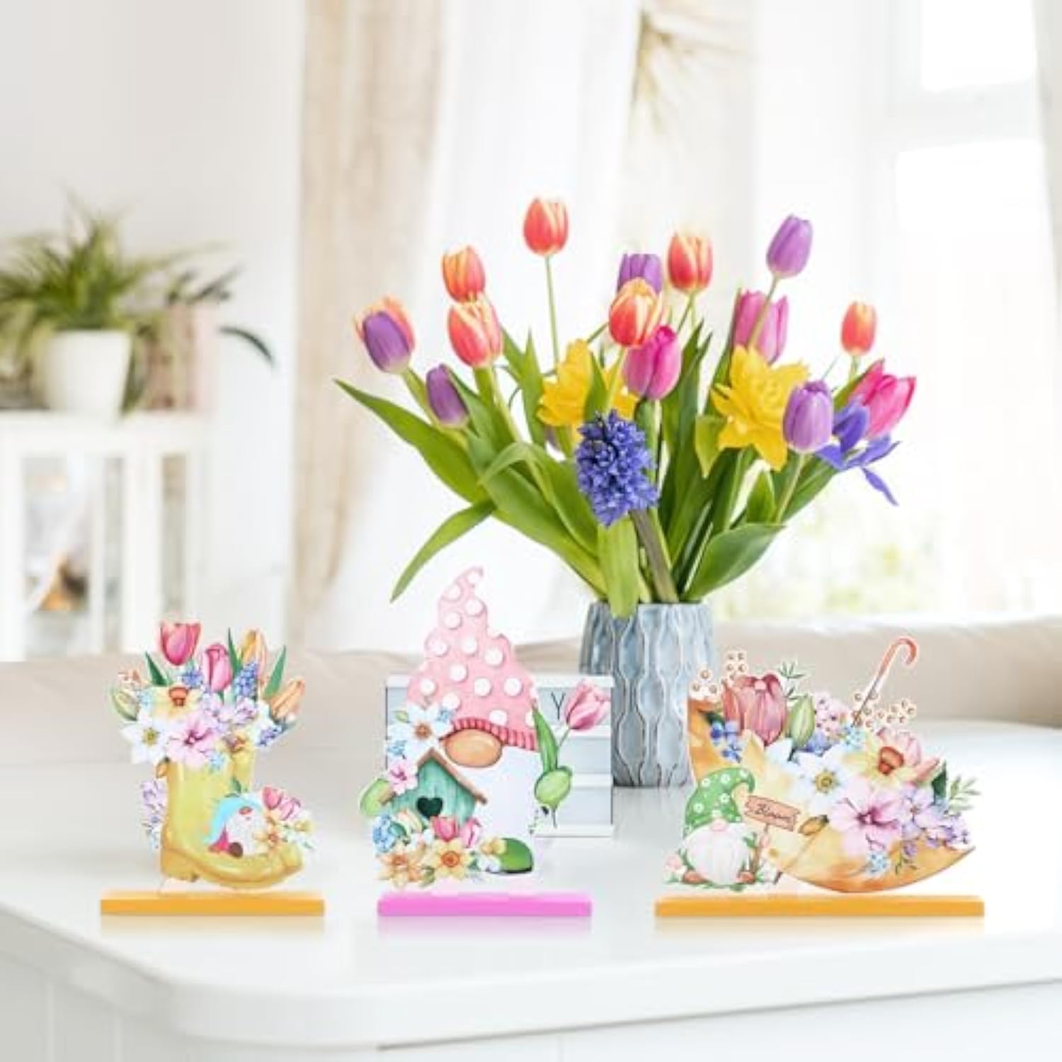 6 Pieces Spring Wooden Table Centerpiece Decoration Flower Gnome Table Signs Farmhouse Spring Wood Tabletop Decor For Easter Party Holidays Home Decor