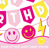 Preppy Birthday Party Banners Preppy Birthday Decoration 3Pcs Pink And Yellow Preppy Smiley Face Happy Birthday Banners For Preppy Smile Face Star Lightning Theme Party Baby Shower Supplies