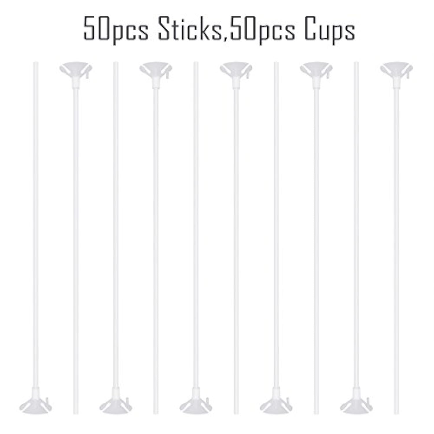 50 Pieces Plastic White Balloon Sticks With Cups For Party, Valentine'