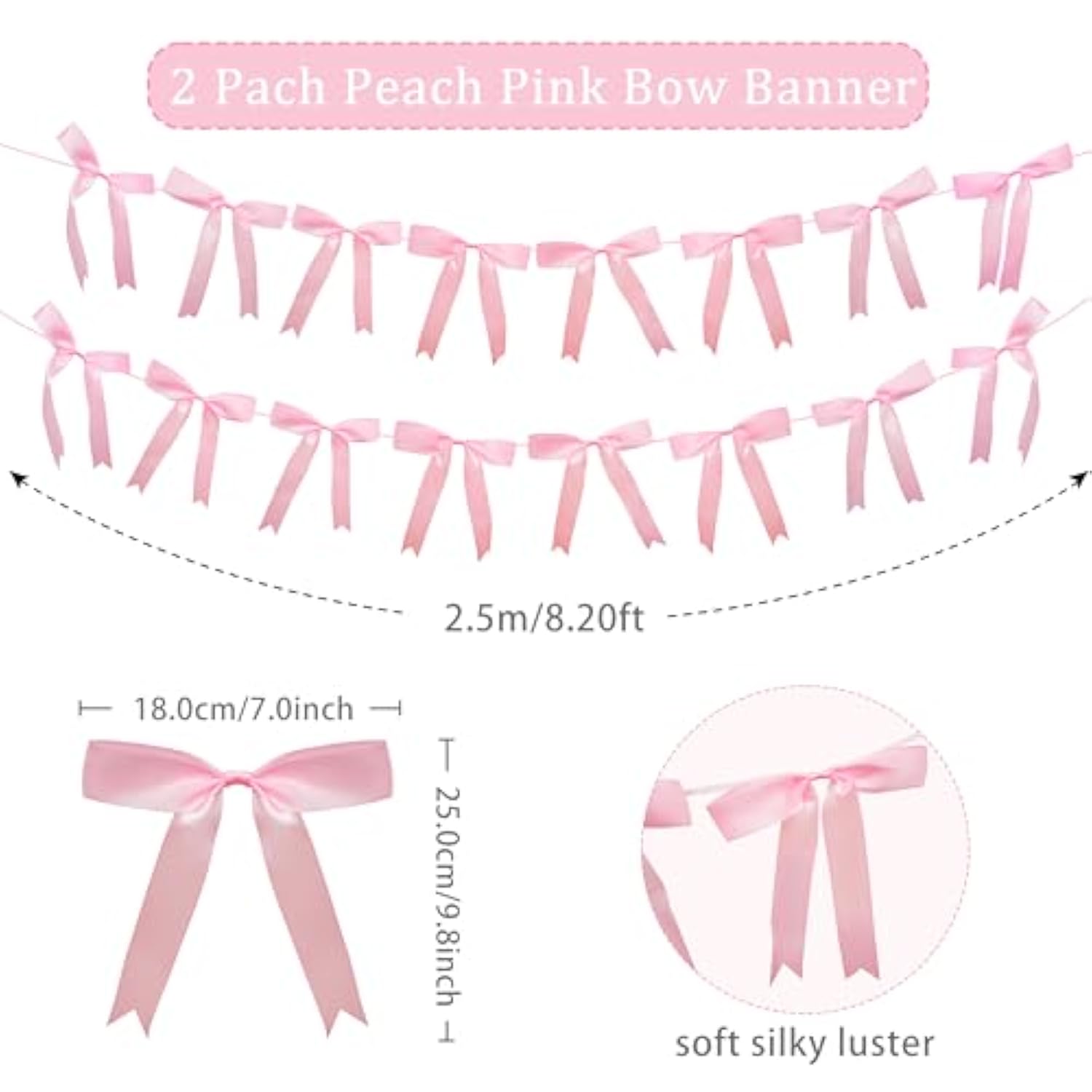 2Pcs Pink Bow Garland Banner, Satin Ribbon Decorations For Coquette Theme Birthday And Bridal Shower Party Decor (Bow)