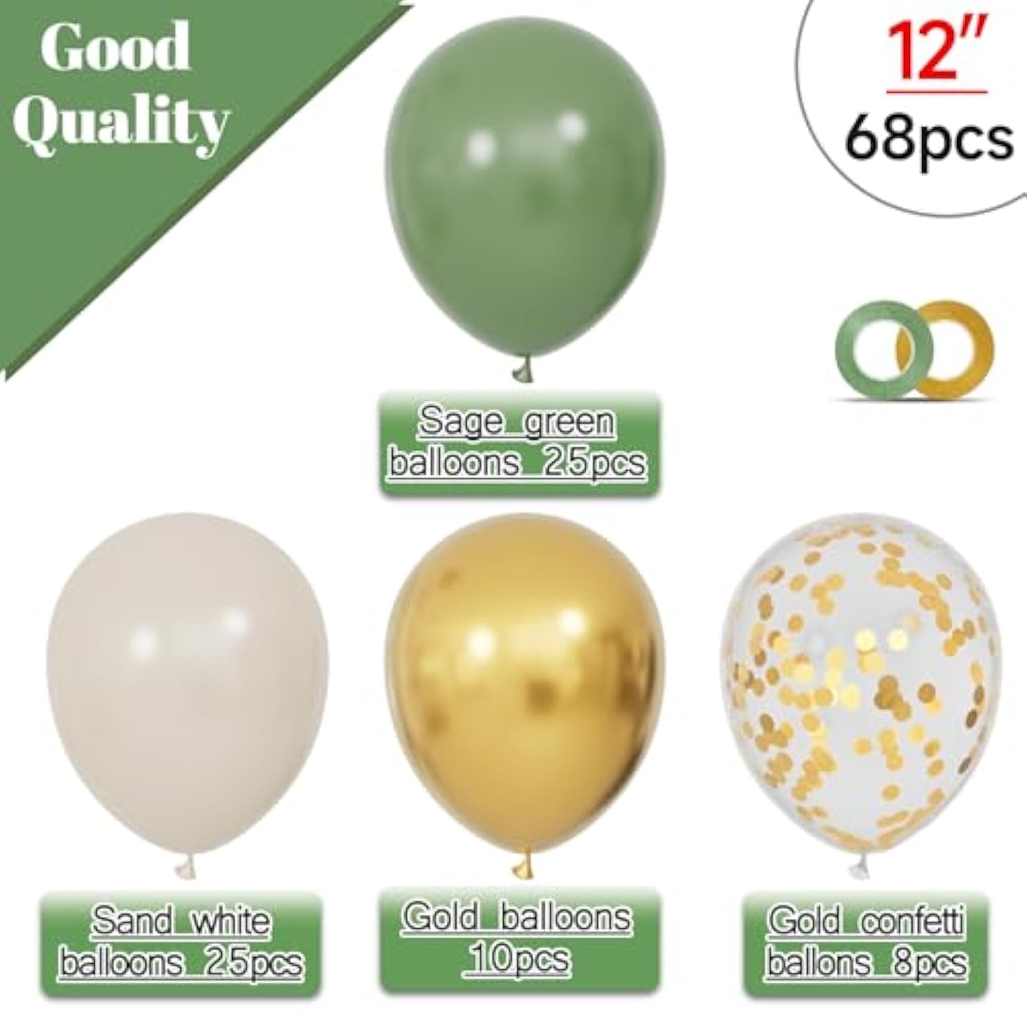 68Pcs Balloons Kit 12 Inch, Sage Green Balloon Sand White Metallic Gold Balloon Confetti With Ribbons, Party Balloons For Baby Bridal Shower Wedding Birthday Decorations.