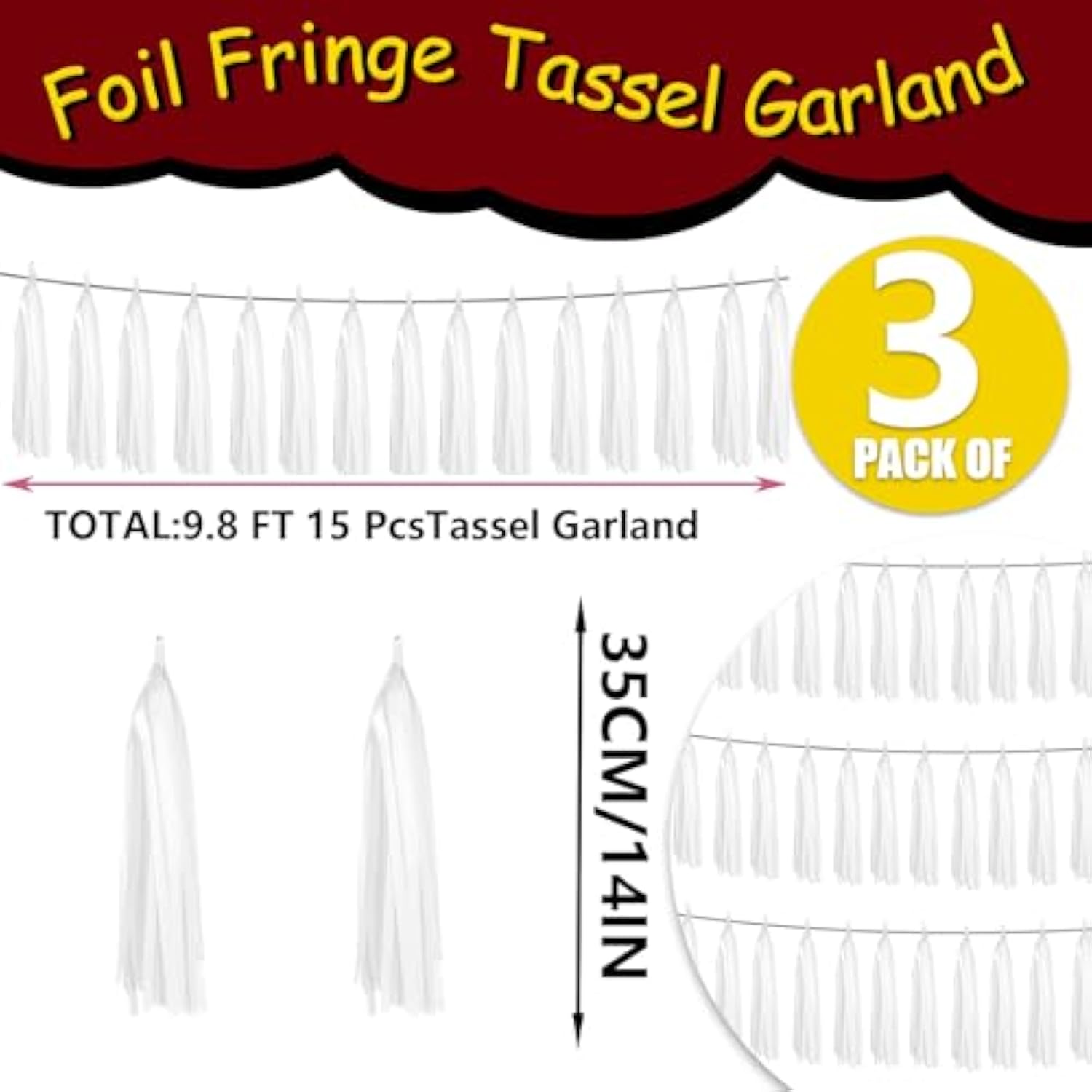 3P Metallic Fringe Banner Garland Foil Tinsel Streamer Wall Hanging Curtain Backdrop Banners For Parade Floats Graduation Decorations, Baby Bridal Shower Party Decoration(White)