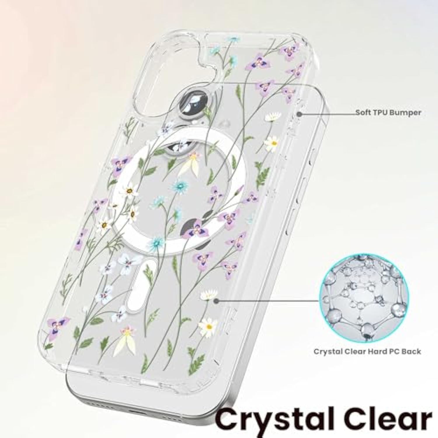 Magnetic Case For Iphone 16,Slim Floral Flower Pattern Phone Cover For Girls Women,Shockproof Tpu Bumper Hard Back Protective Phone Case,Compatible With Magsafe,(Clear/Branch Flower)