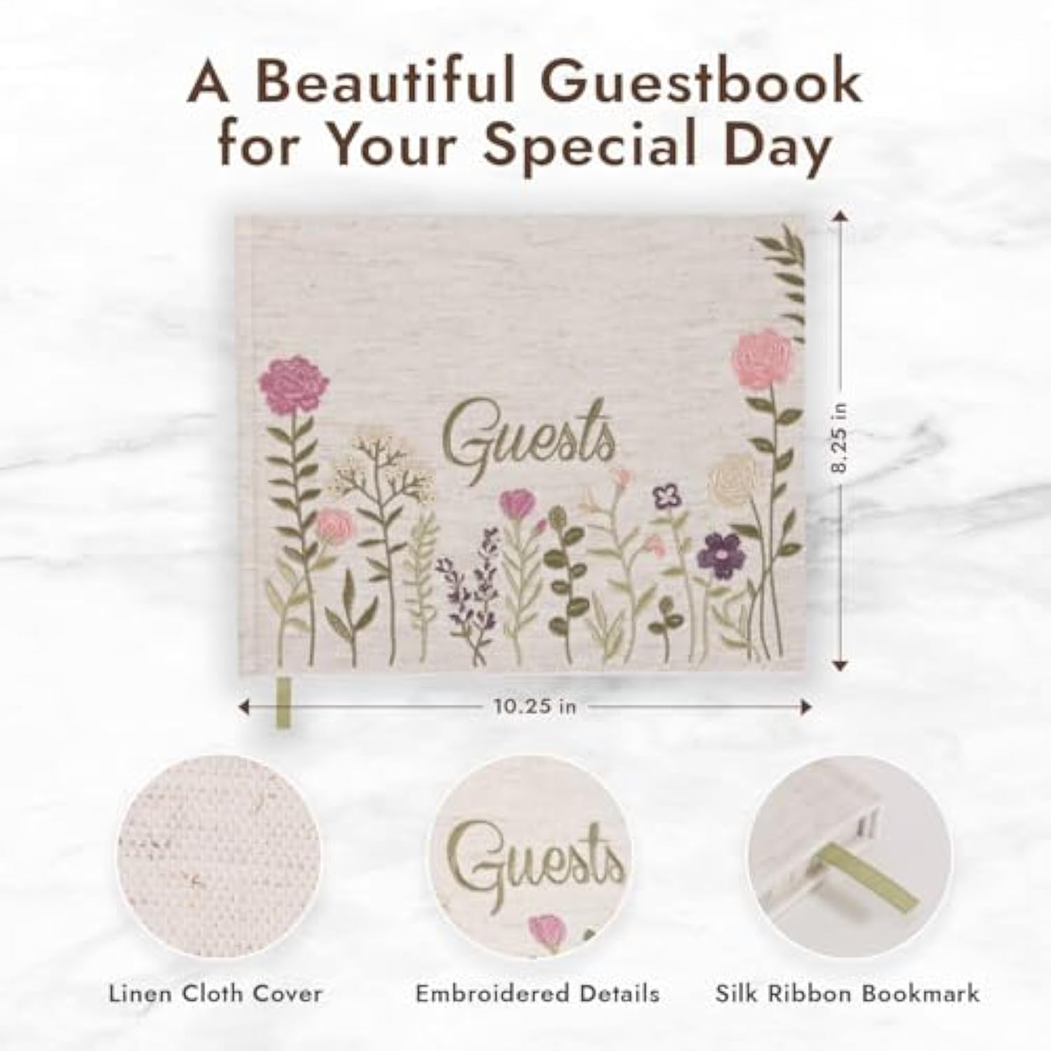 Linen Embroidered Photo Wedding Guest Book - Premium Hardcover Polaroid Guestbook For Wedding Reception, Baby Shower, Bridal Shower, Funeral, Engagements -160 Pages For Messages -10.25" × 8.25"