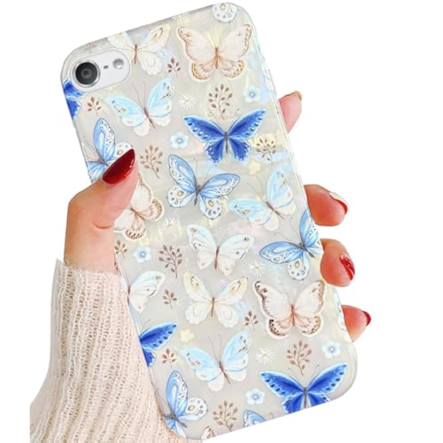 Ipod Touch 7 Case - Aesthetic Blue Butterflies Floral Flowers Glitter Opal Pearly Thinfoil Design Soft Tpu Bumper Protective Phone Case