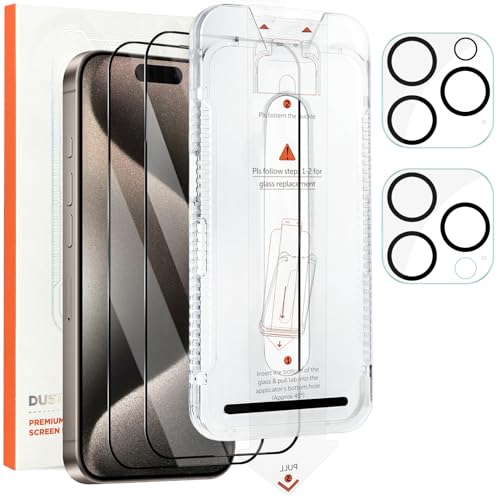 2 Pack Screen Protector for iPhone 15 Pro with 2 Pack Camera Lens Protector?Auto-Alignment?Premium Tempered Glass Film 9H Hardness?Dust-free?Scratch